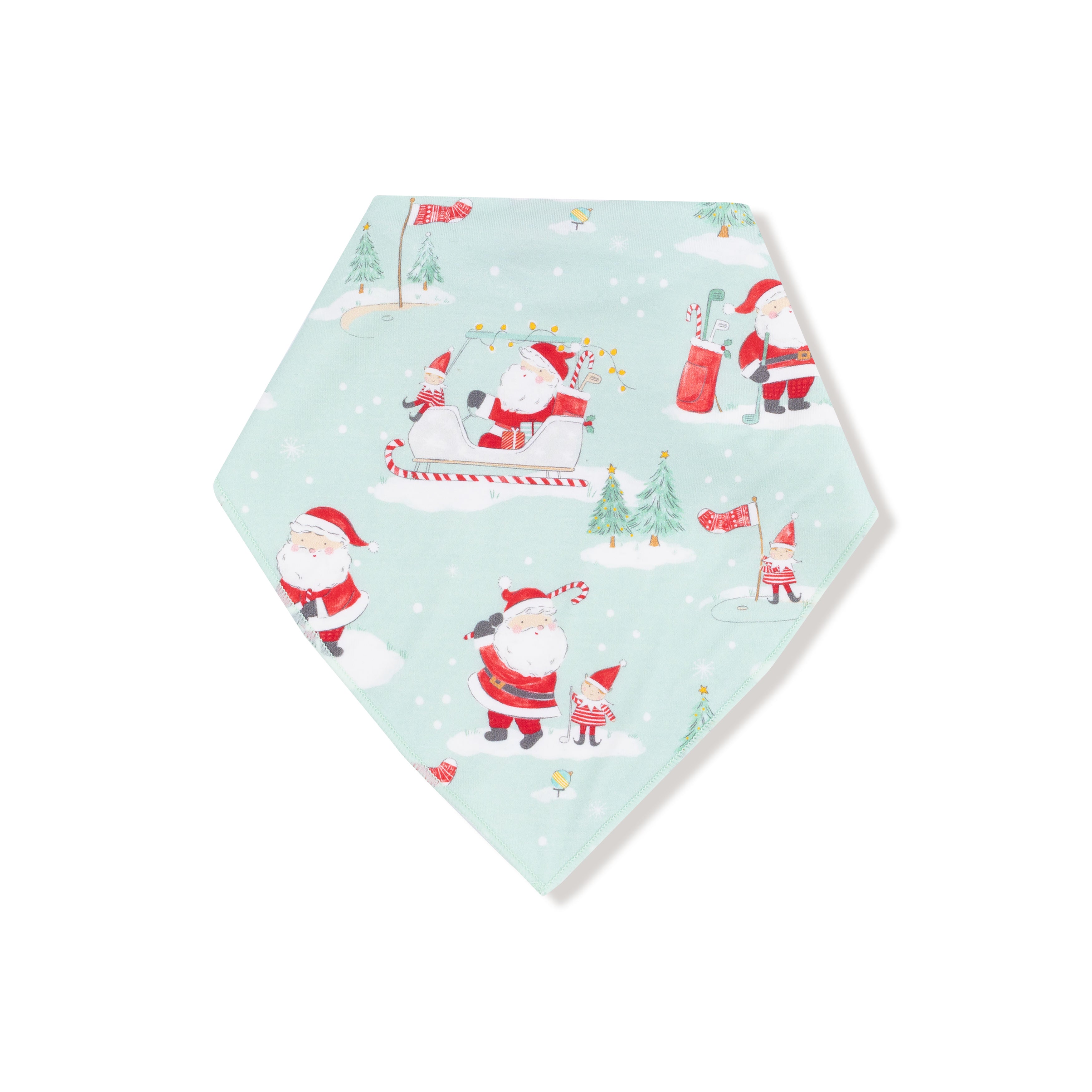 Bandana Bib in our  Golfing Santa and Elves print from Angel Dear