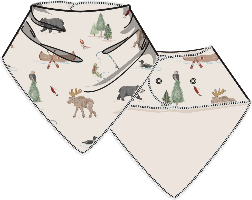 Bib with nature-themed designs on a white background