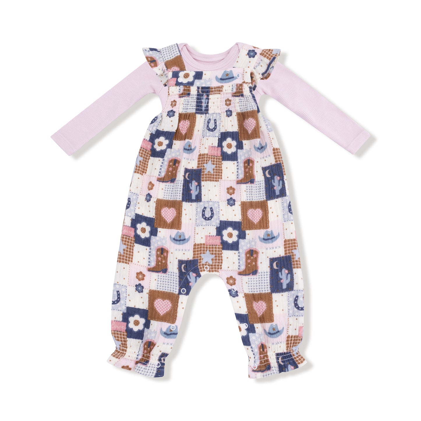 Smocked Overall Set in our  Patchwork Cowgirl print from Angel Dear