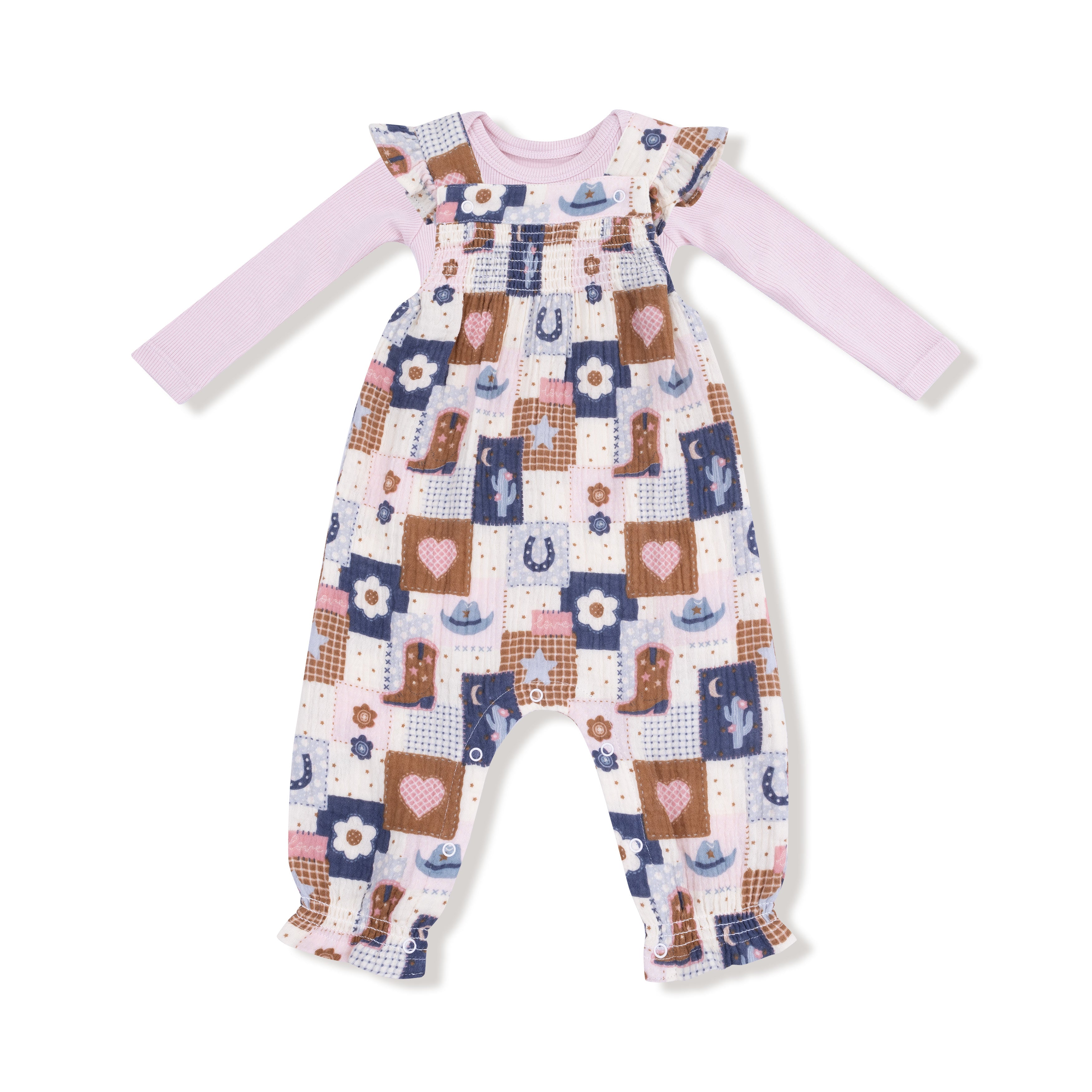 Smocked Overall Set in our  Patchwork Cowgirl print from Angel Dear