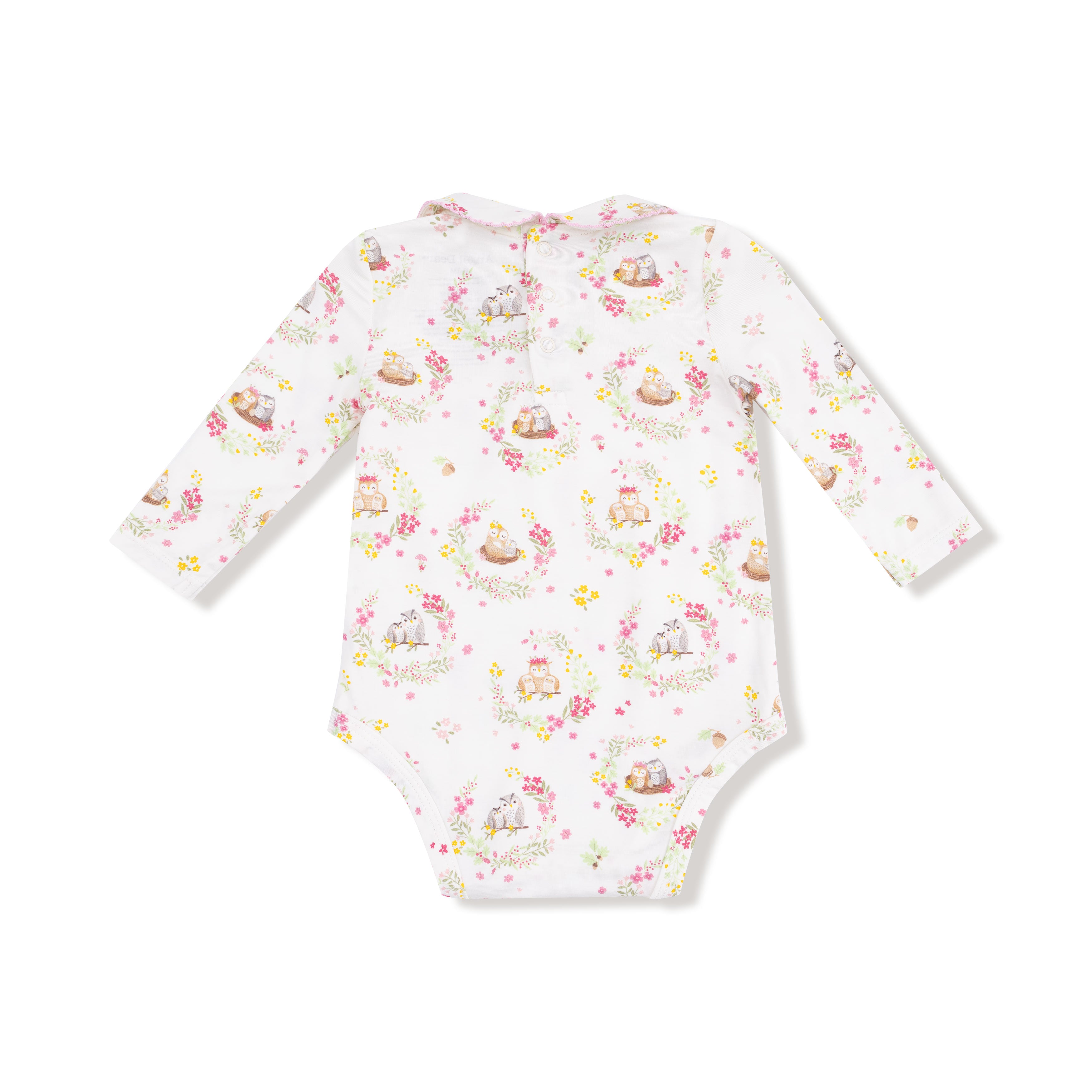 Peter Pan Collar Bodysuit in our  Floral Owl Families print from Angel Dear