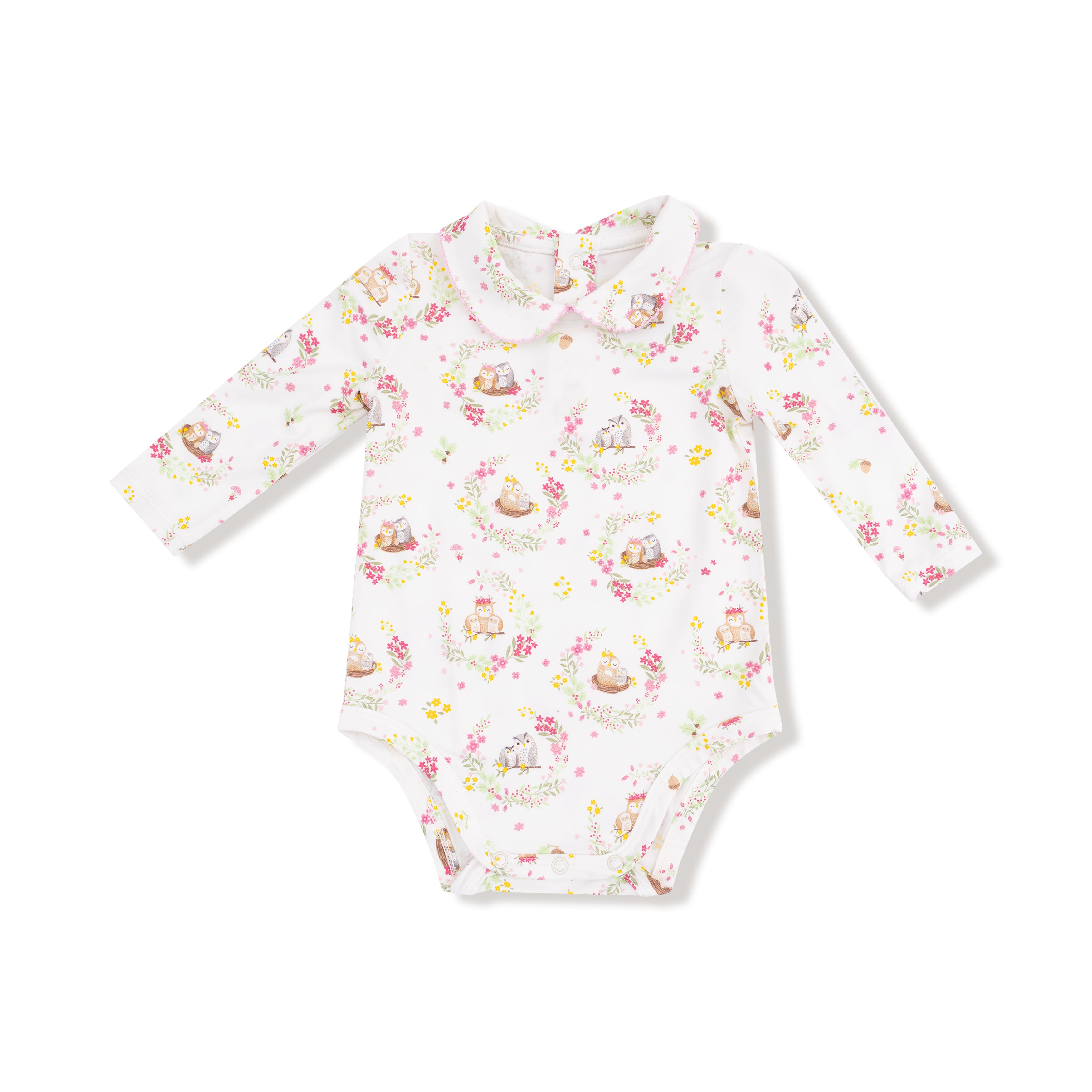 Peter Pan Collar Bodysuit in our  Floral Owl Families print from Angel Dear