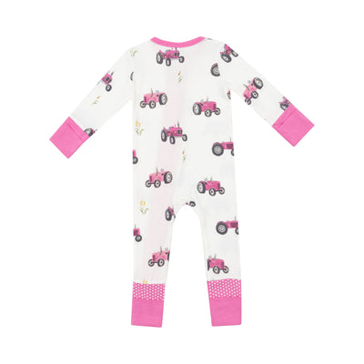 2 Way Zipper Romper - Pink Tractors - Angel Dear