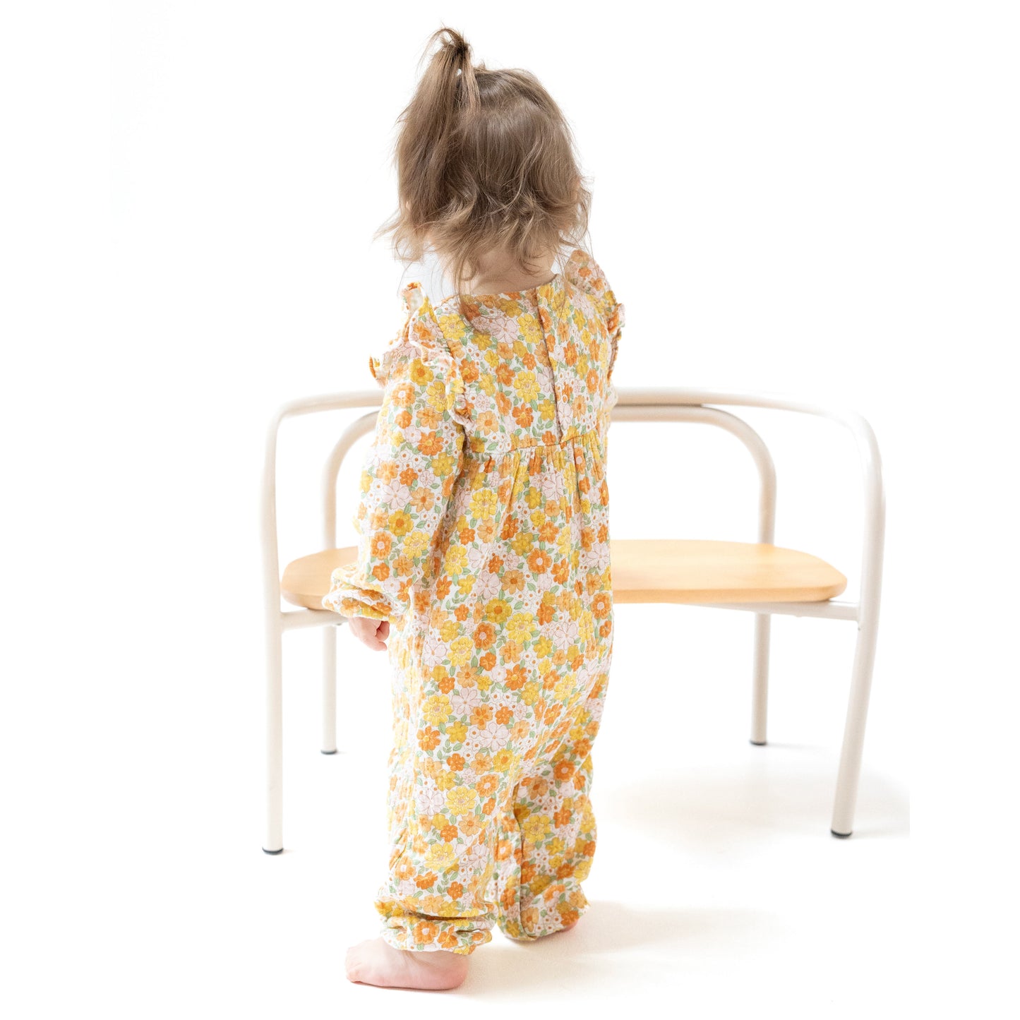 Ruffle Sleeve Romper in our  Sweet Amber Floral print from Angel Dear