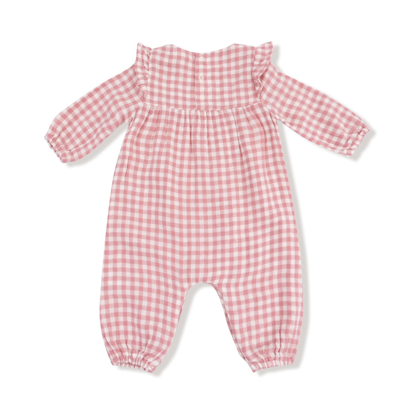 Ruffle Sleeve Romper in our  Rose Pink Plaid print from Angel Dear