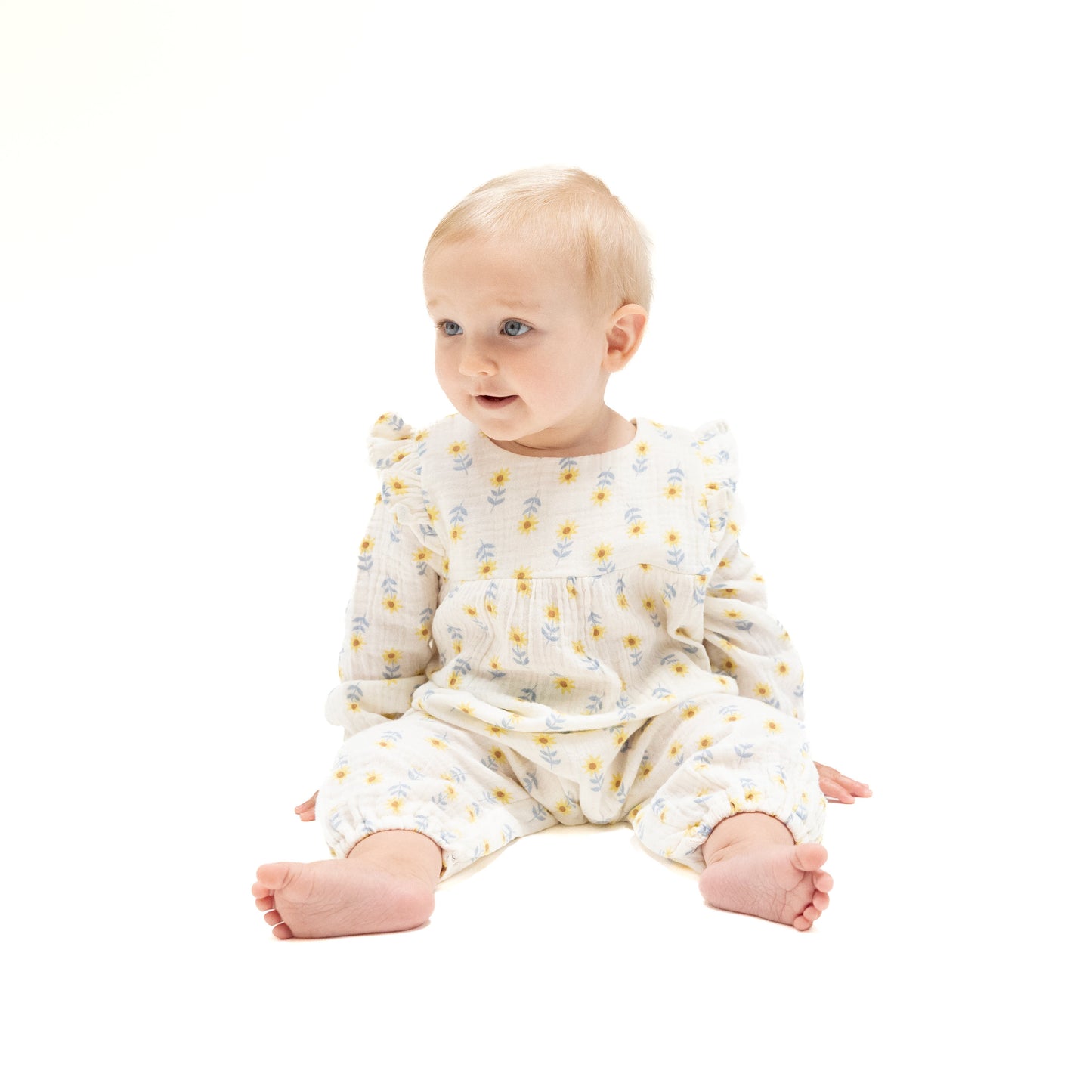 Ruffle Sleeve Romper in our  Western Sunflower print from Angel Dear