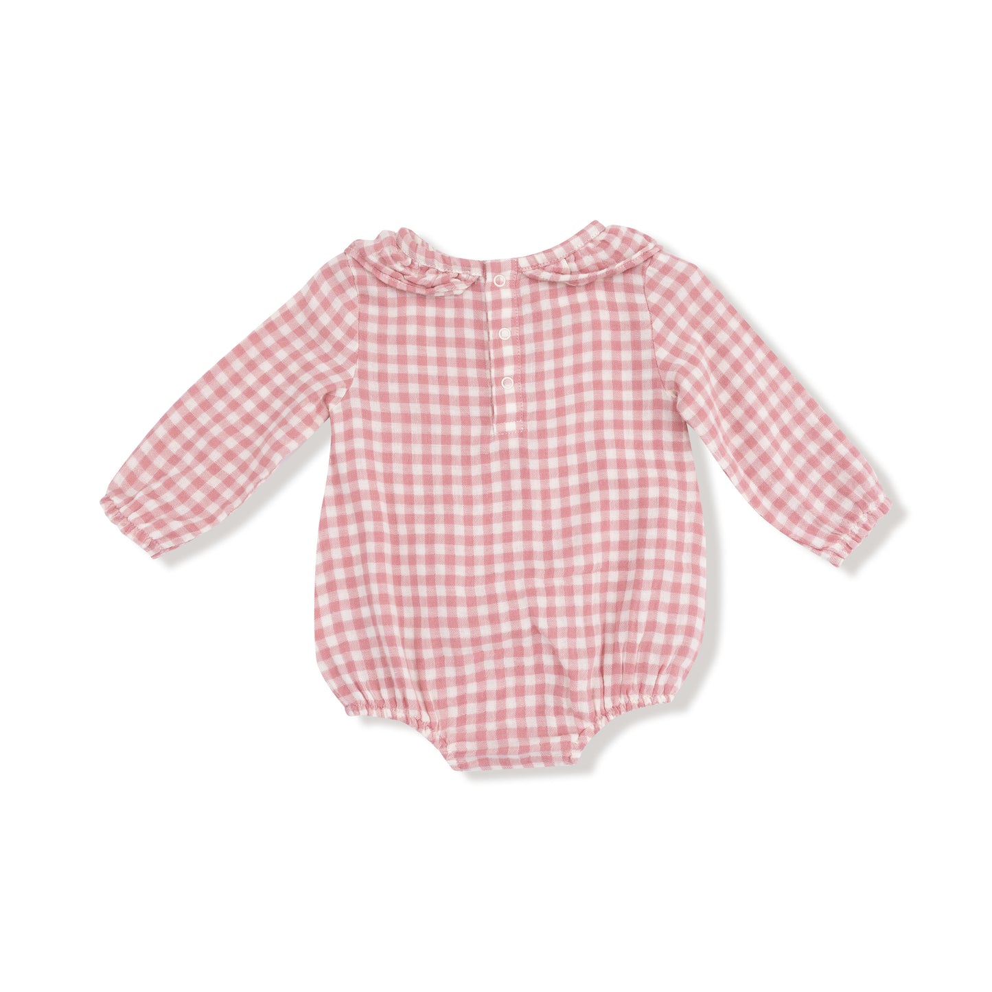 Bubble with Ruffle Collar in our  Rose Pink Plaid print from Angel Dear