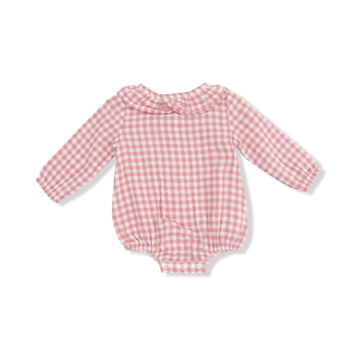 Bubble with Ruffle Collar in our  Rose Pink Plaid print from Angel Dear