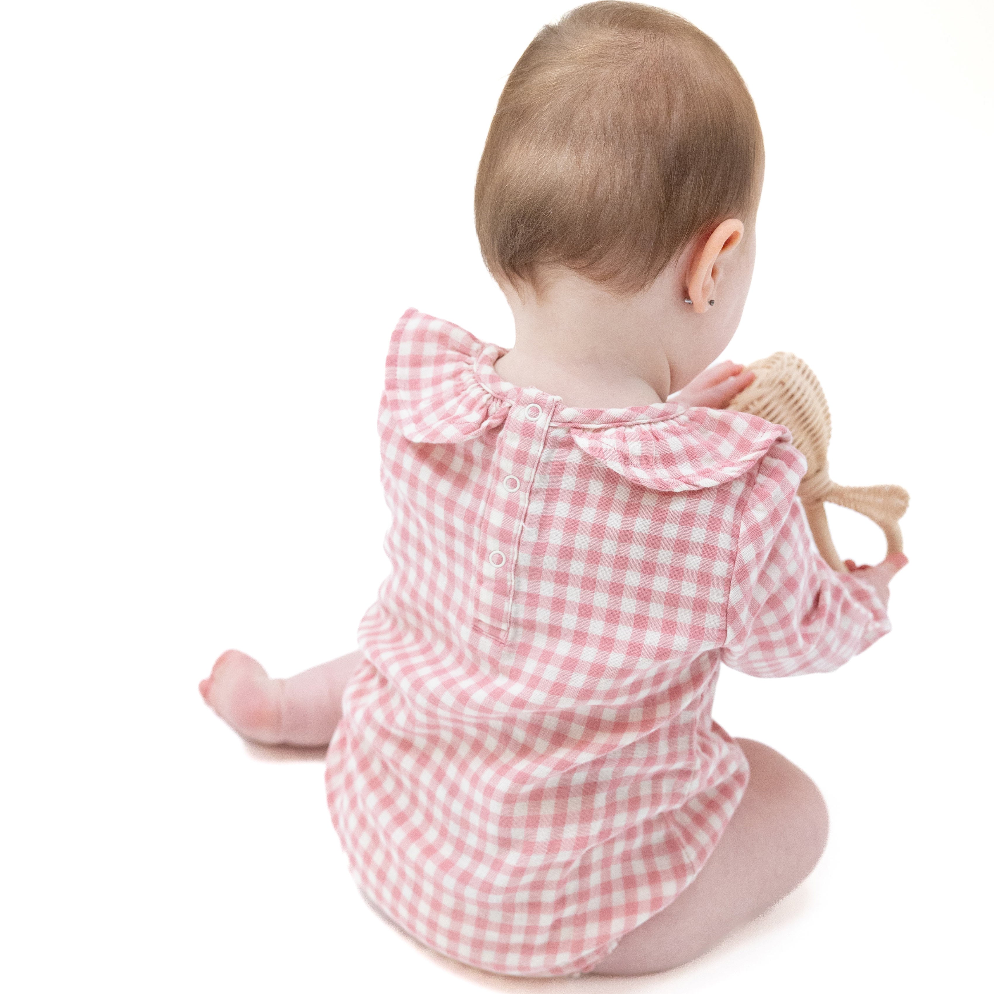 Bubble with Ruffle Collar in our  Rose Pink Plaid print from Angel Dear