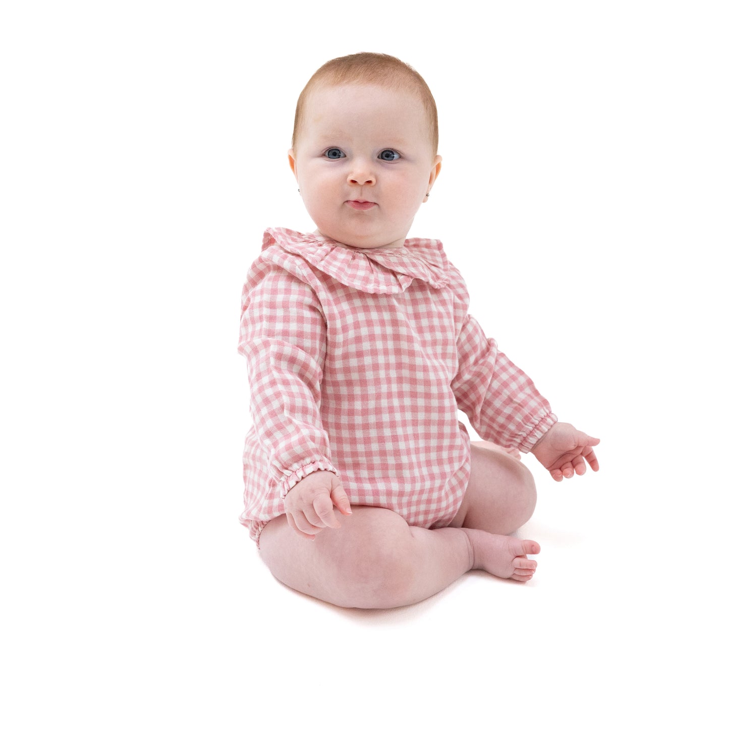 Bubble with Ruffle Collar in our  Rose Pink Plaid print from Angel Dear