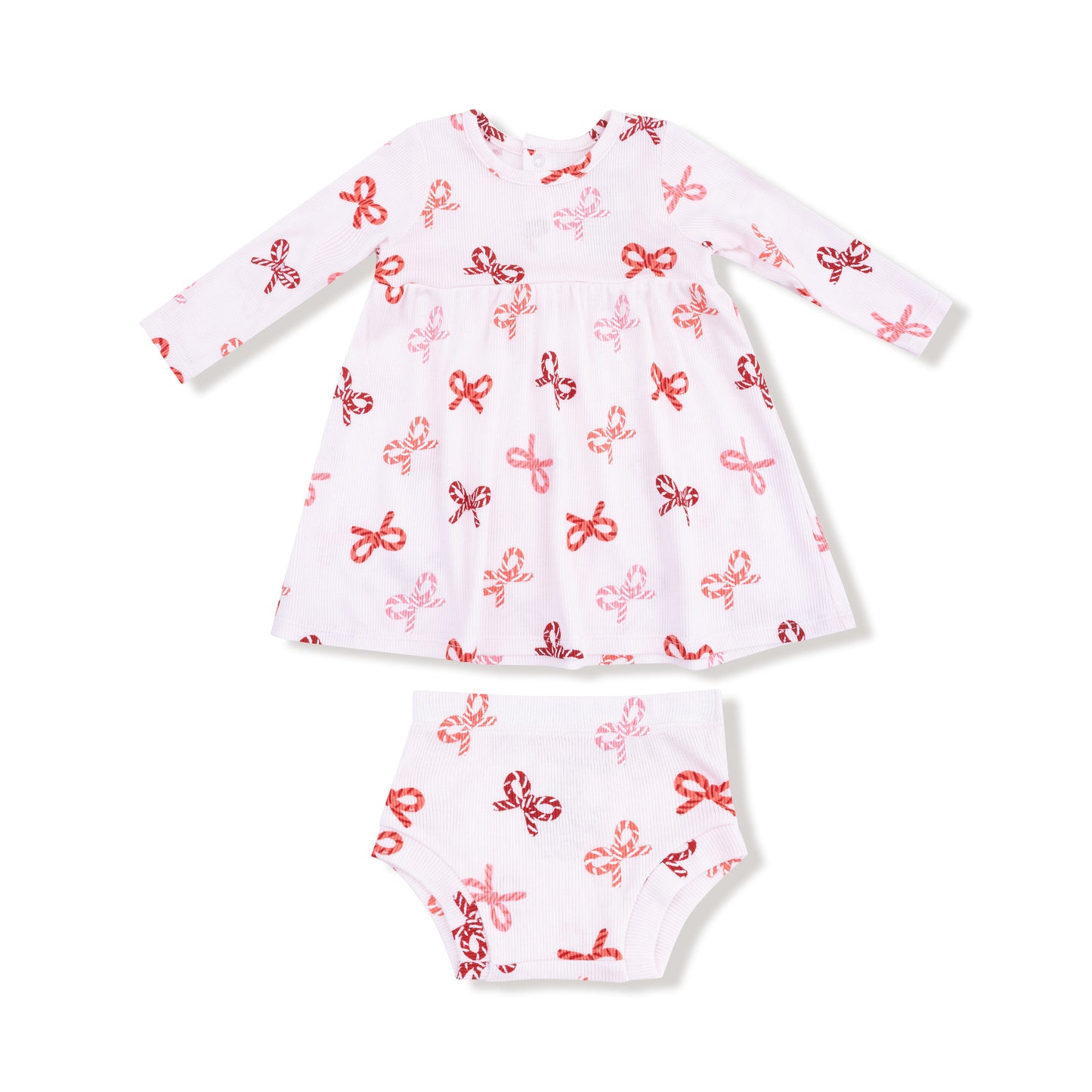 Simple Dress + Bloomer in our  Candy Cane Bows print from Angel Dear