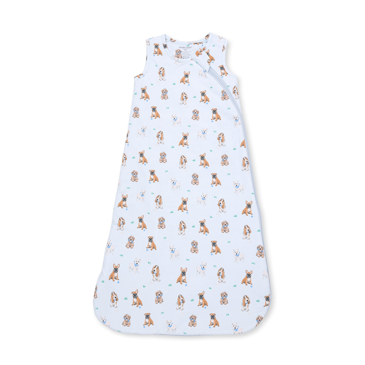 A sleeveless baby sleep sack with an all-over print of small brown and black dog illustrations on a white background, shown flat against a white studio background.