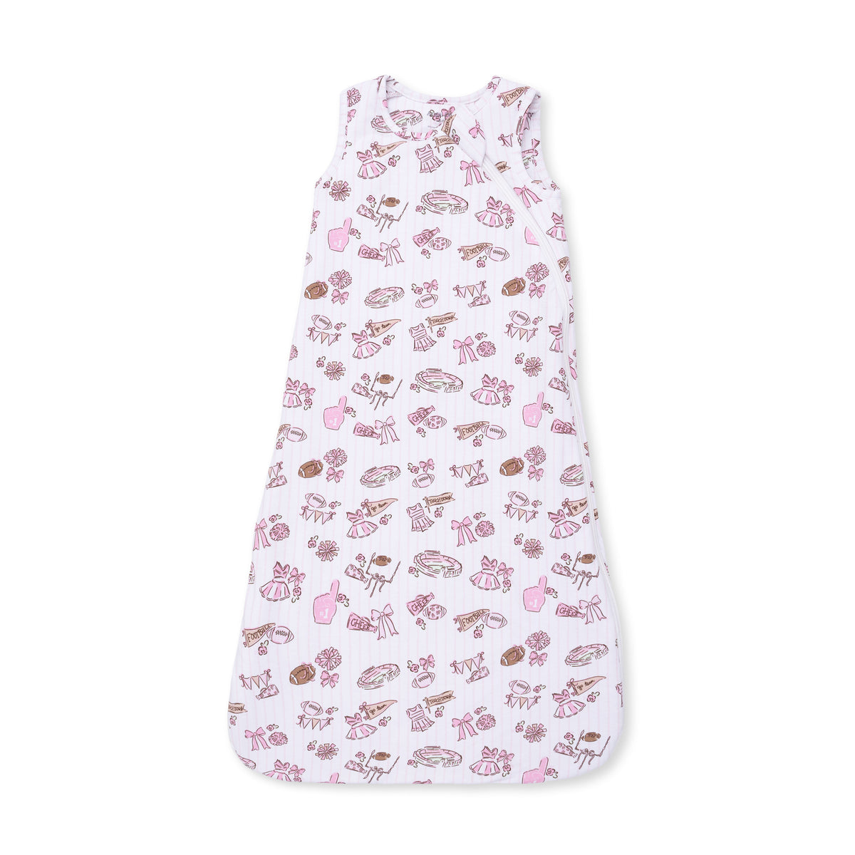 A sleeveless baby sleep sack with an all-over pink and brown football cheer print on a white background, shown flat against a white backdrop.