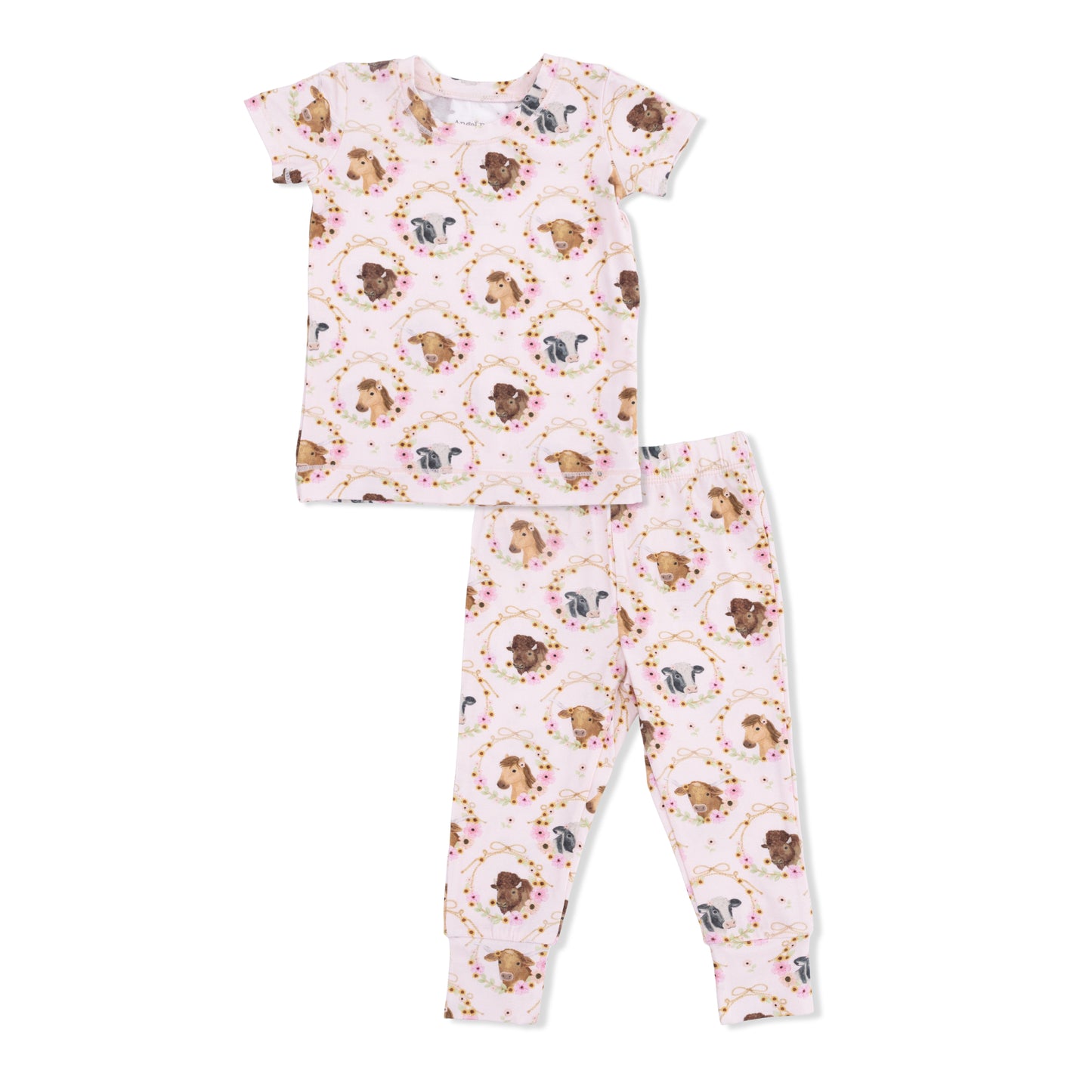 Farm Animals Floral Cameos Pink - Short Sleeve Loungewear Set-Angel Dear