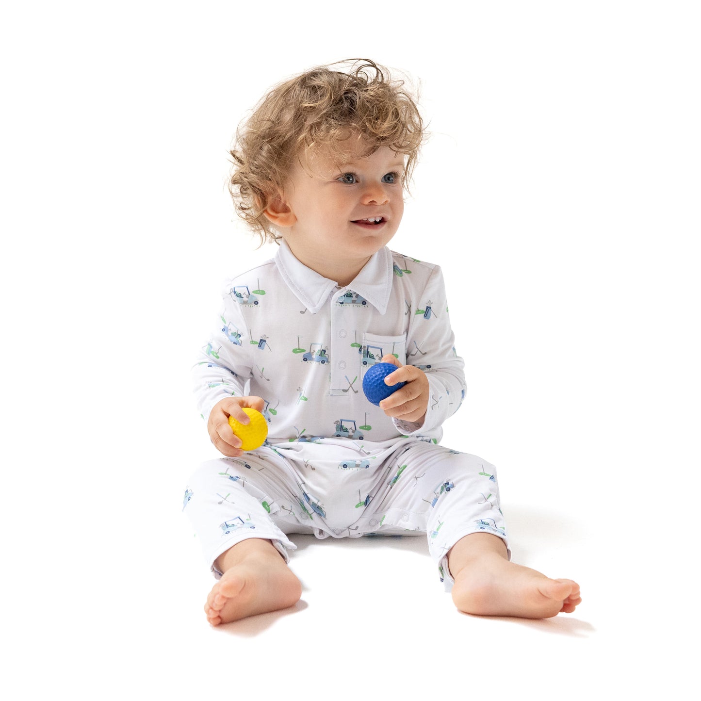 Polo Romper in our  Baby Golf Carts - Blue print from Angel Dear