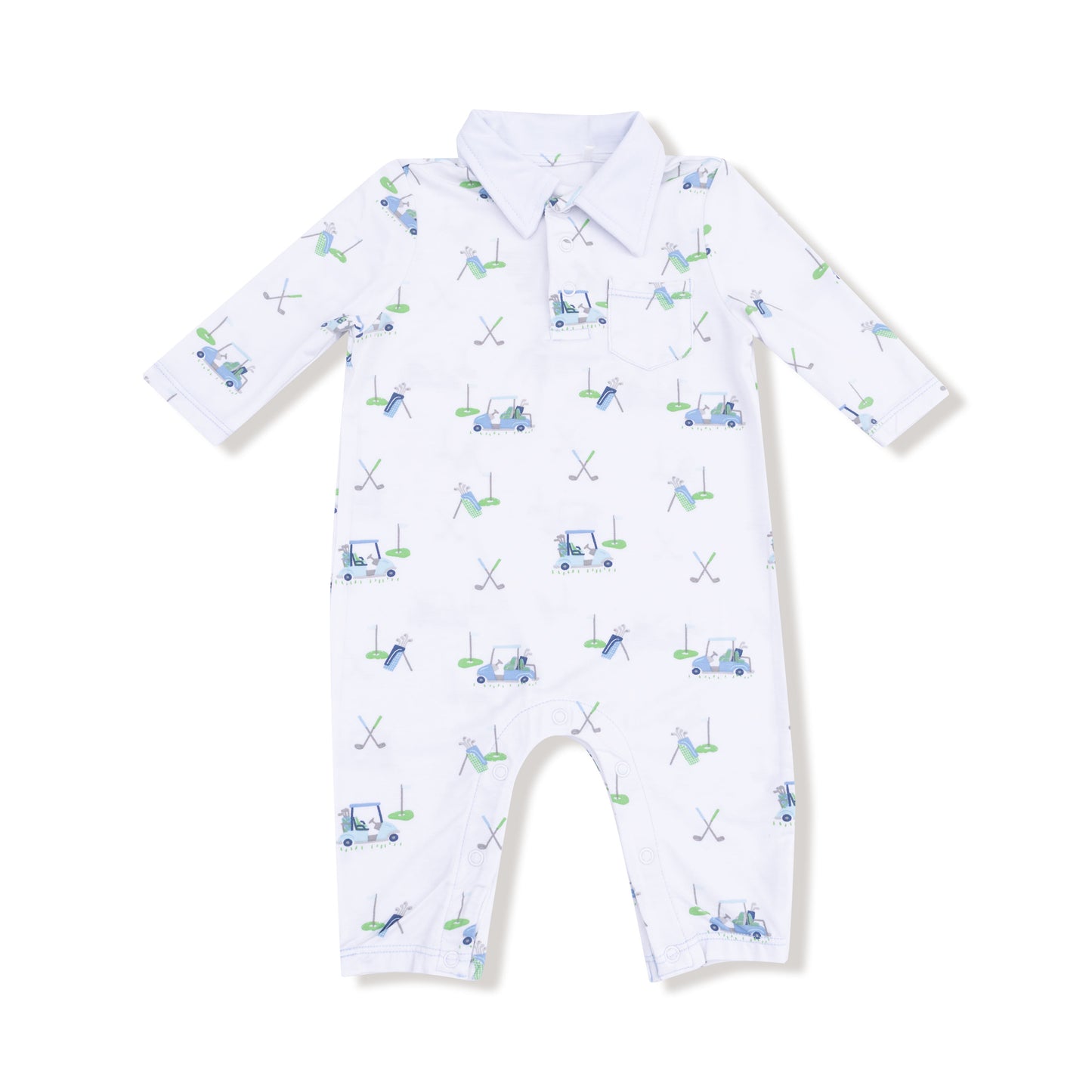 Polo Romper in our  Baby Golf Carts - Blue print from Angel Dear