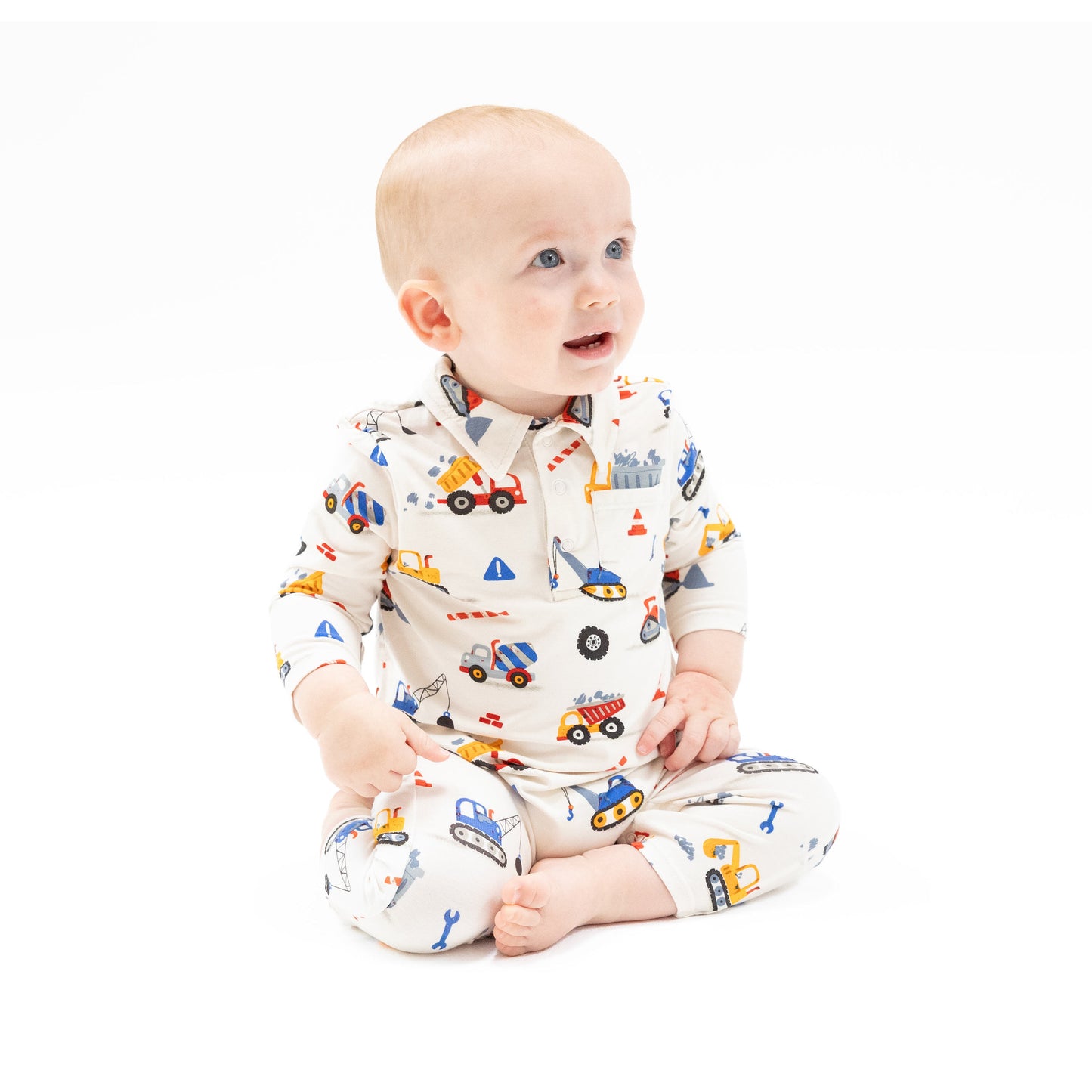 Polo Romper in our  Crayon Construction print from Angel Dear