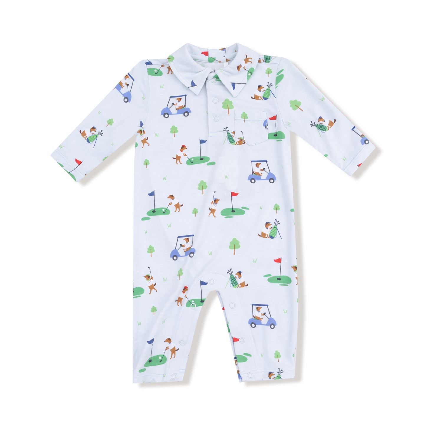 Polo Romper in our  Dog Gone Golf - Blue print from Angel Dear