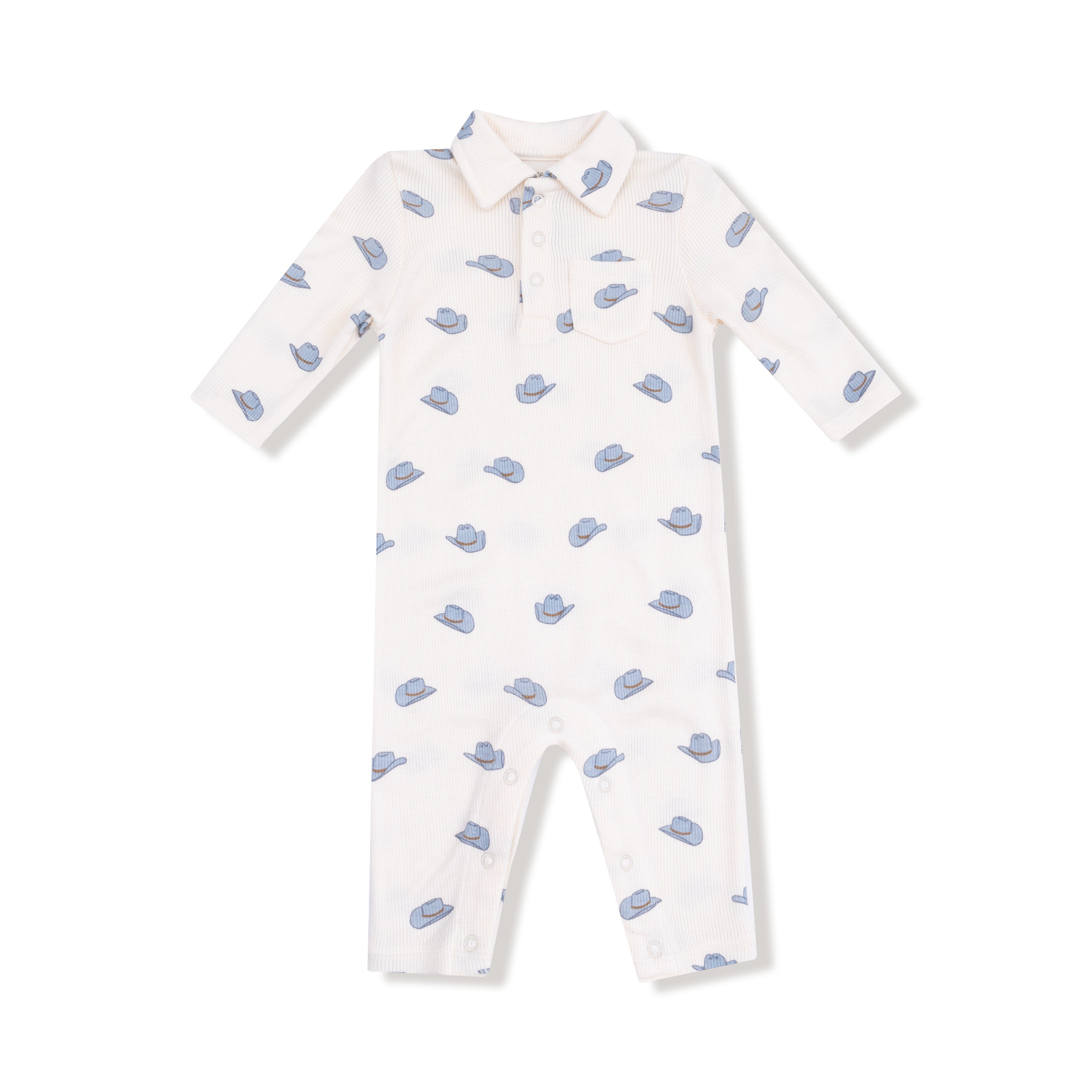 Polo Romper in our  Petite Cowboy Hats print from Angel Dear