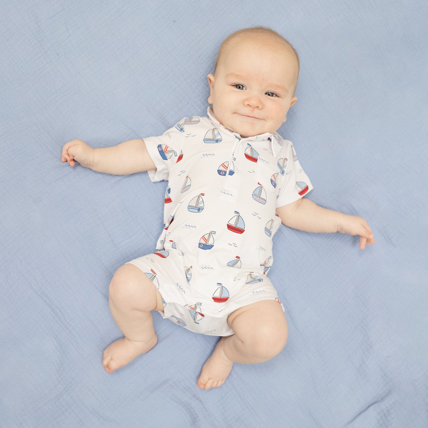 Bubbly Sailboats Blue - Polo Shortie-Angel Dear