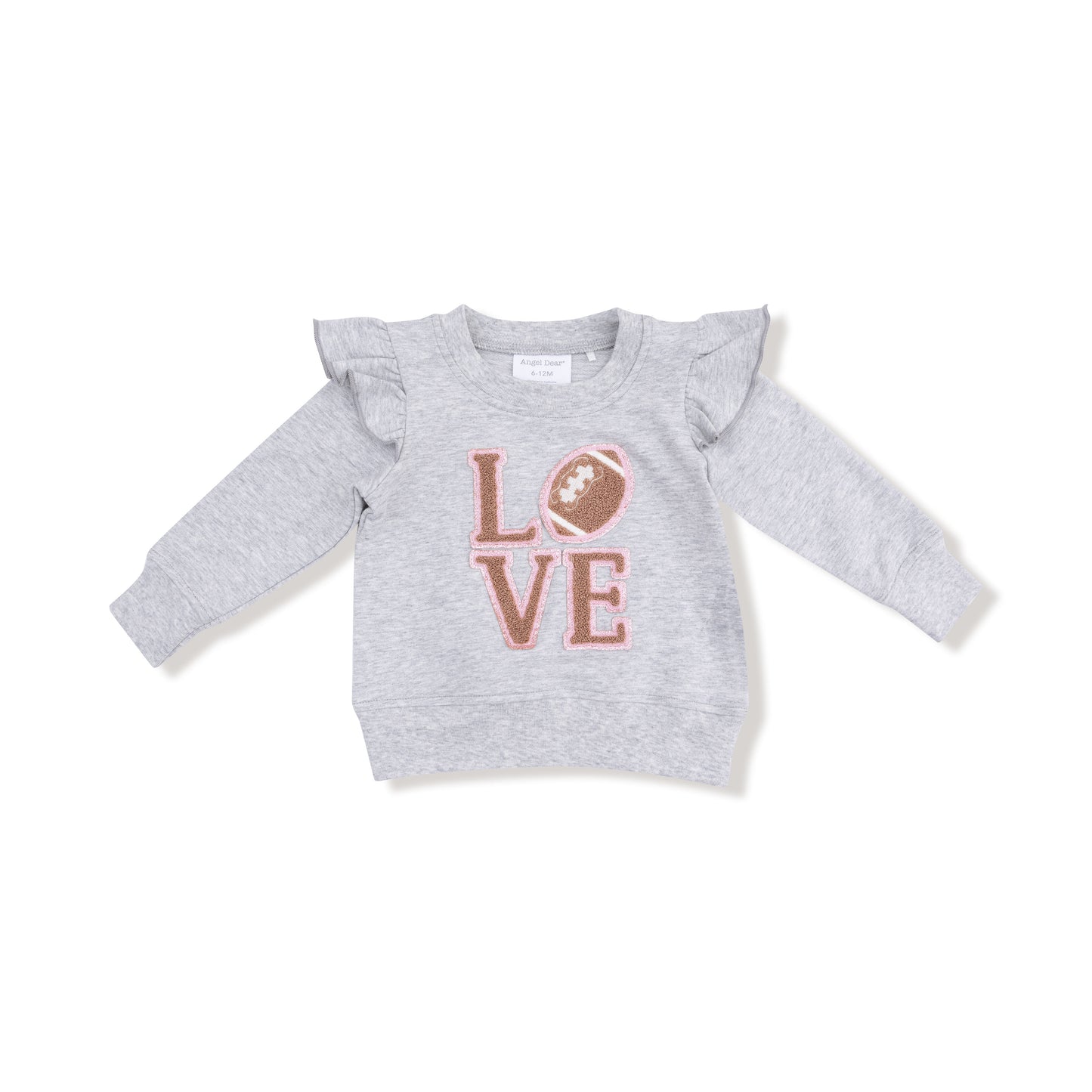 Ruffle Sweatshirt with Love Patch in our  Varsity - Light Grey print from Angel Dear