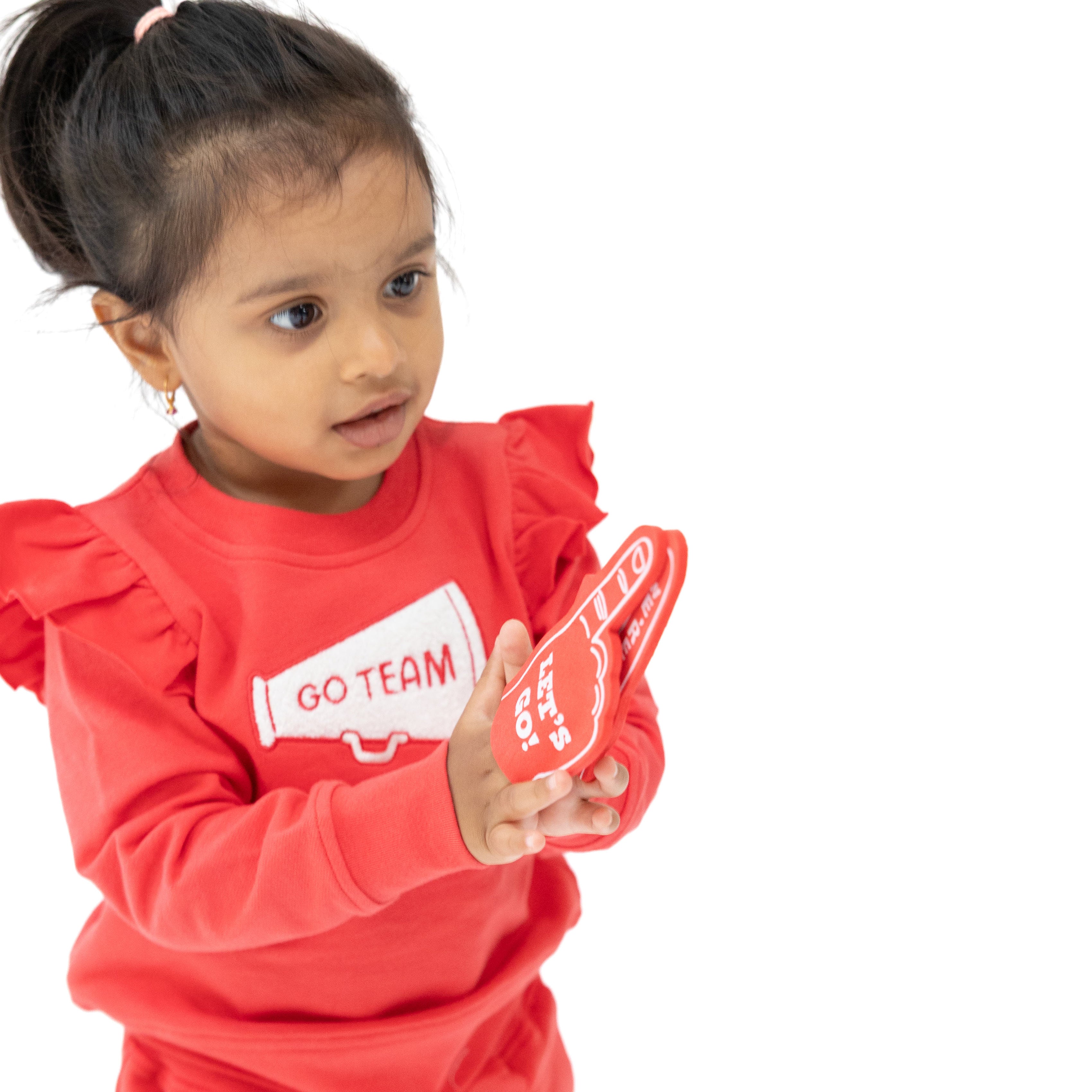 Ruffle Megaphone Sweatshirt in our  Varsity - Red print from Angel Dear