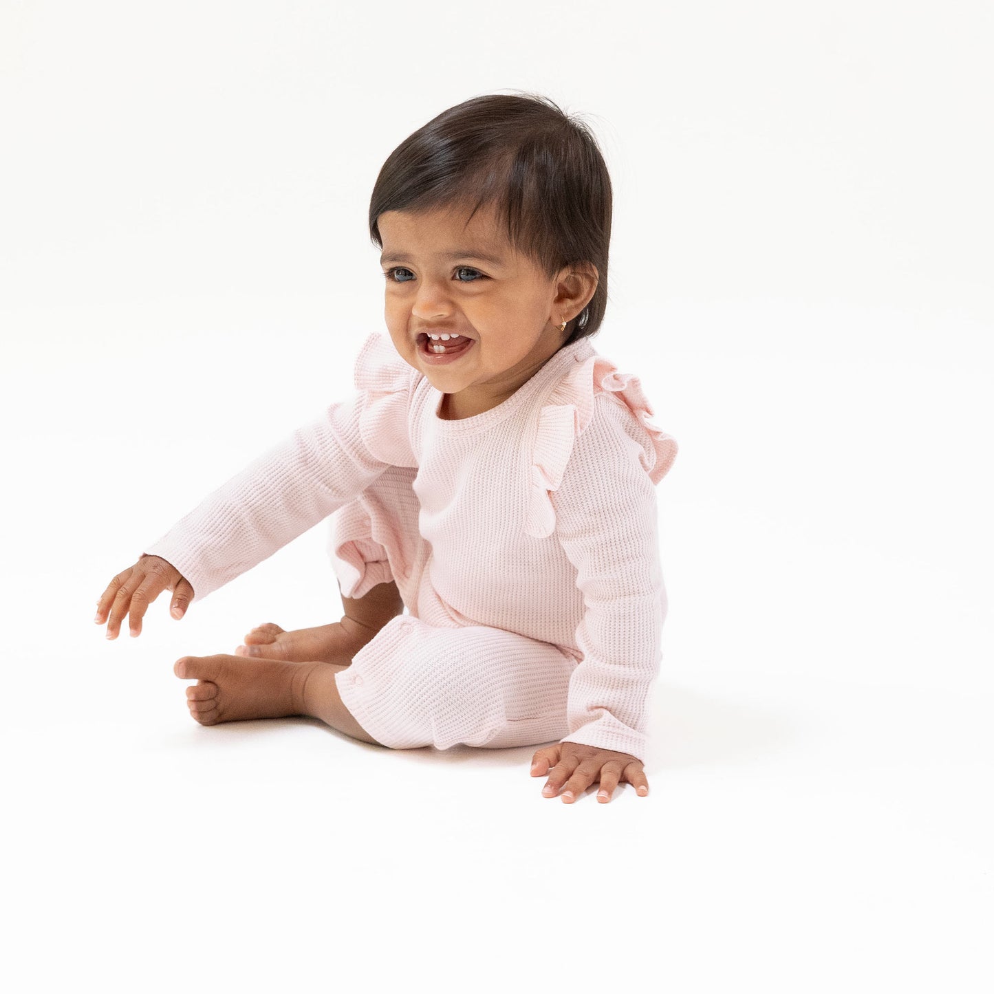 Long Sleeve Ruffle Romper in our Veiled Pink print from Angel Dear