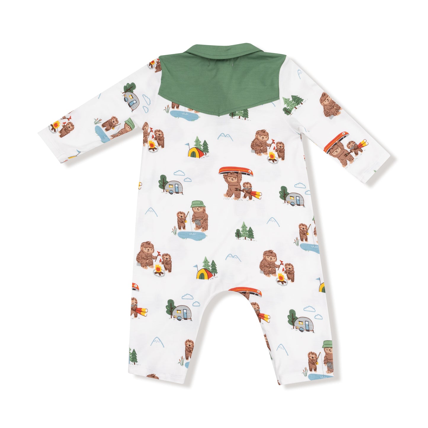 Long Sleeve Cowboy Romper in our  Bigfoot Camping print from Angel Dear