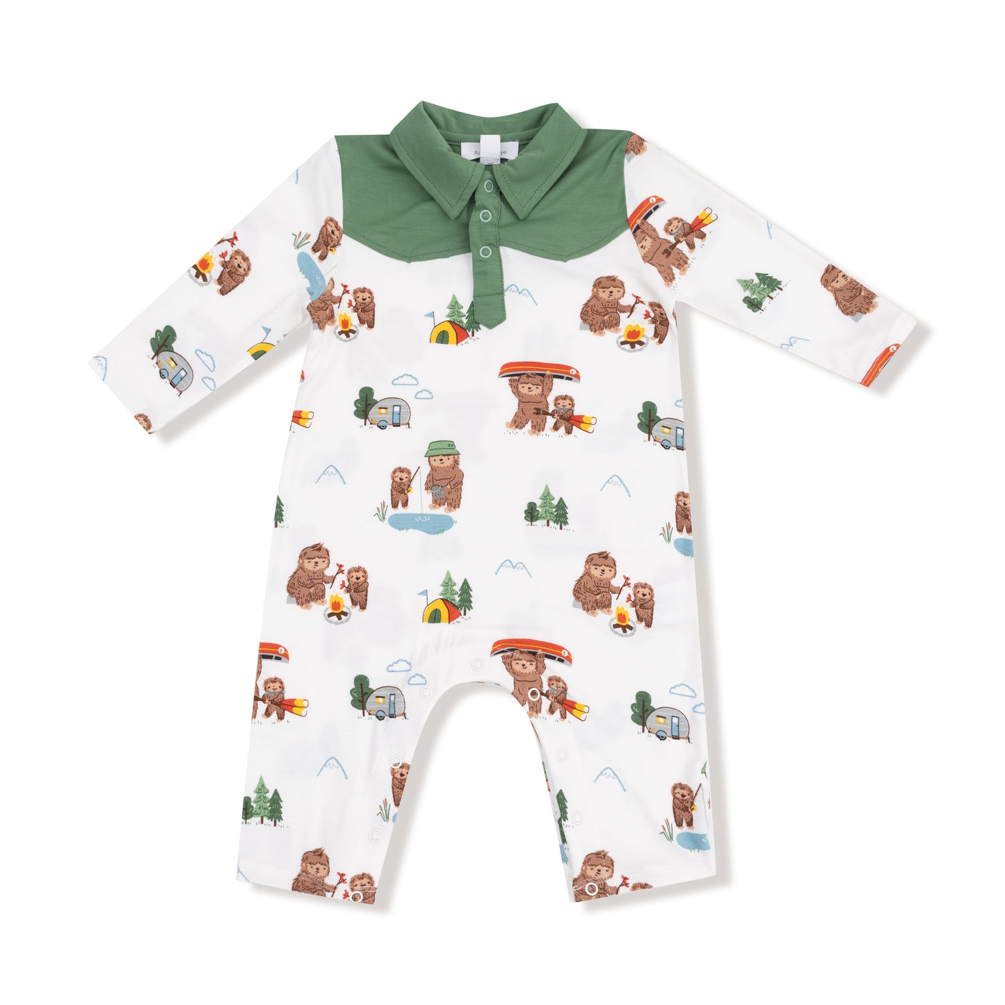 Long Sleeve Cowboy Romper in our  Bigfoot Camping print from Angel Dear