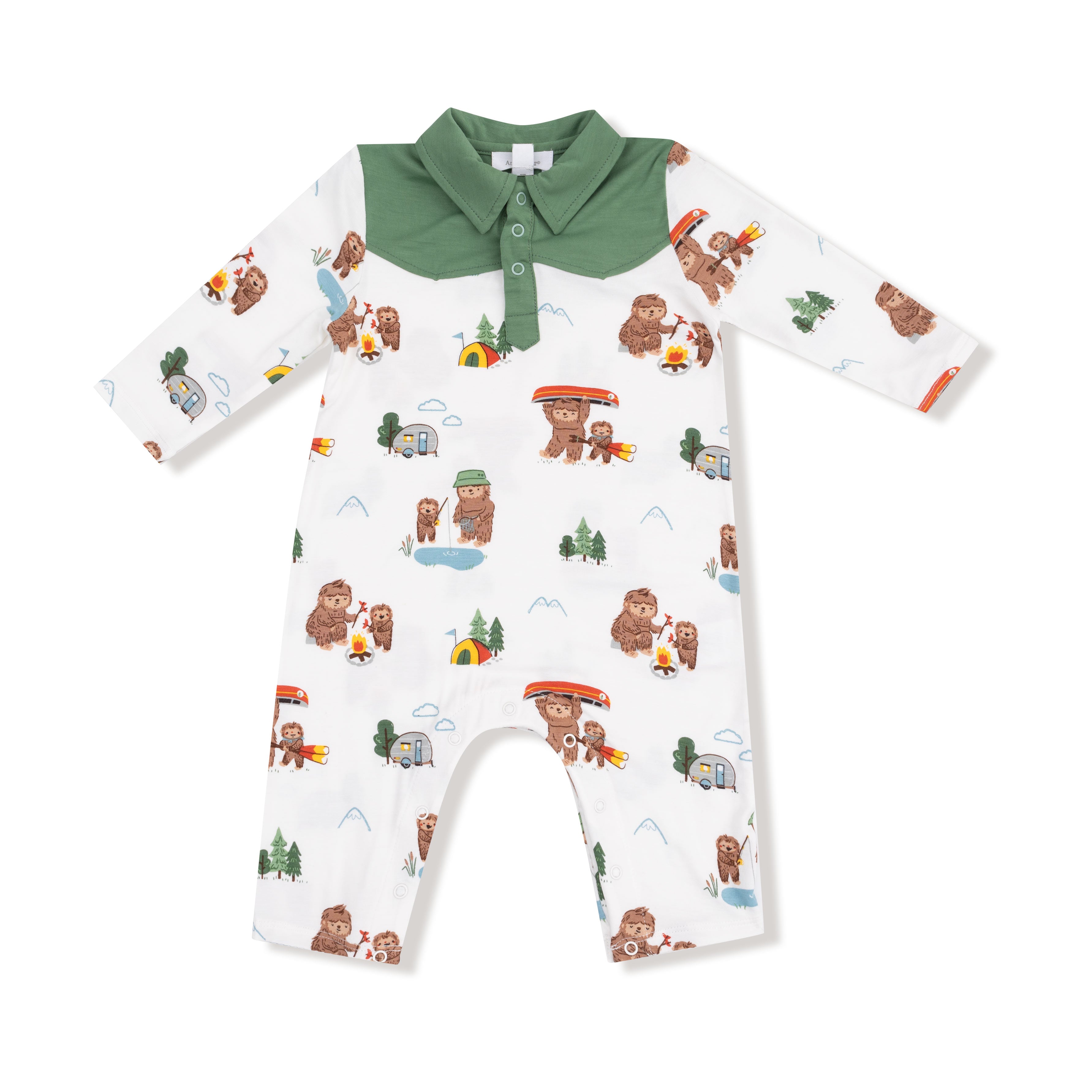 Long Sleeve Cowboy Romper in our  Bigfoot Camping print from Angel Dear