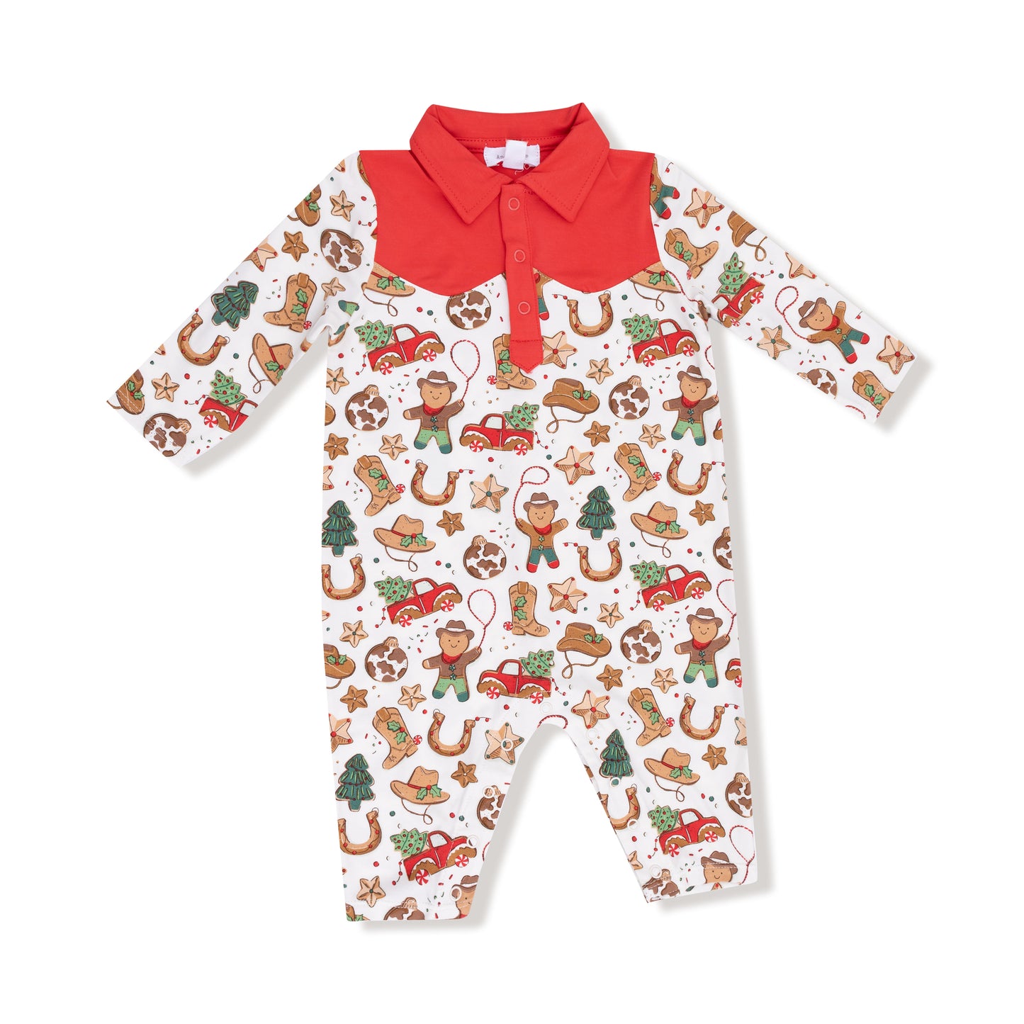 Long Sleeve Cowboy Romper in our  Cowboy Christmas print from Angel Dear