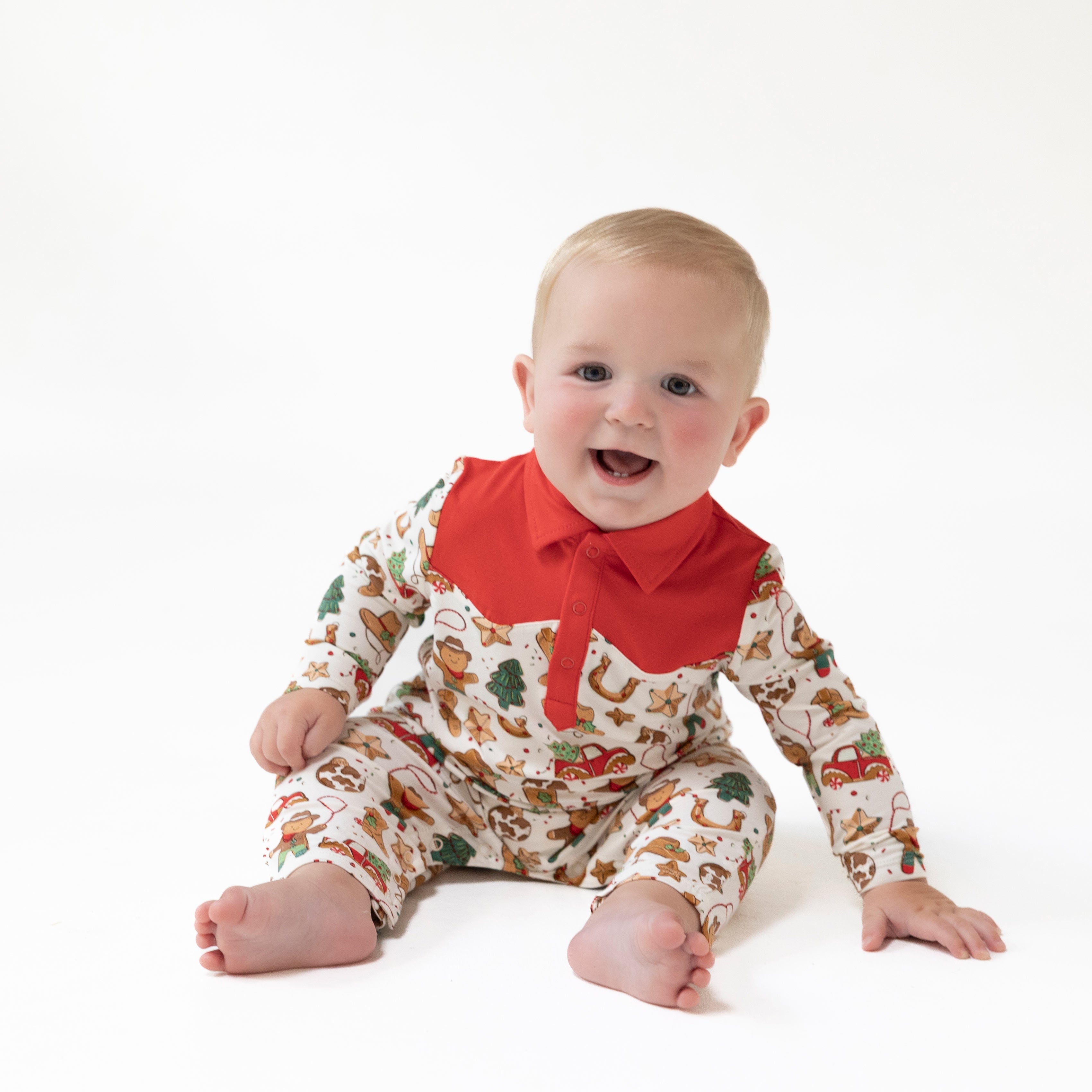 Long Sleeve Cowboy Romper in our  Cowboy Christmas print from Angel Dear