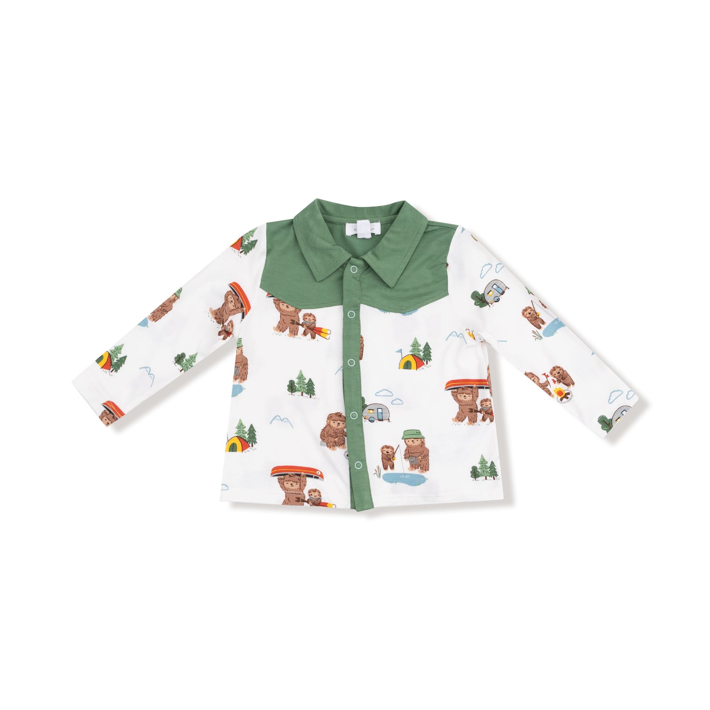 Cowboy Button Down and Pant in our  Bigfoot Camping print from Angel Dear