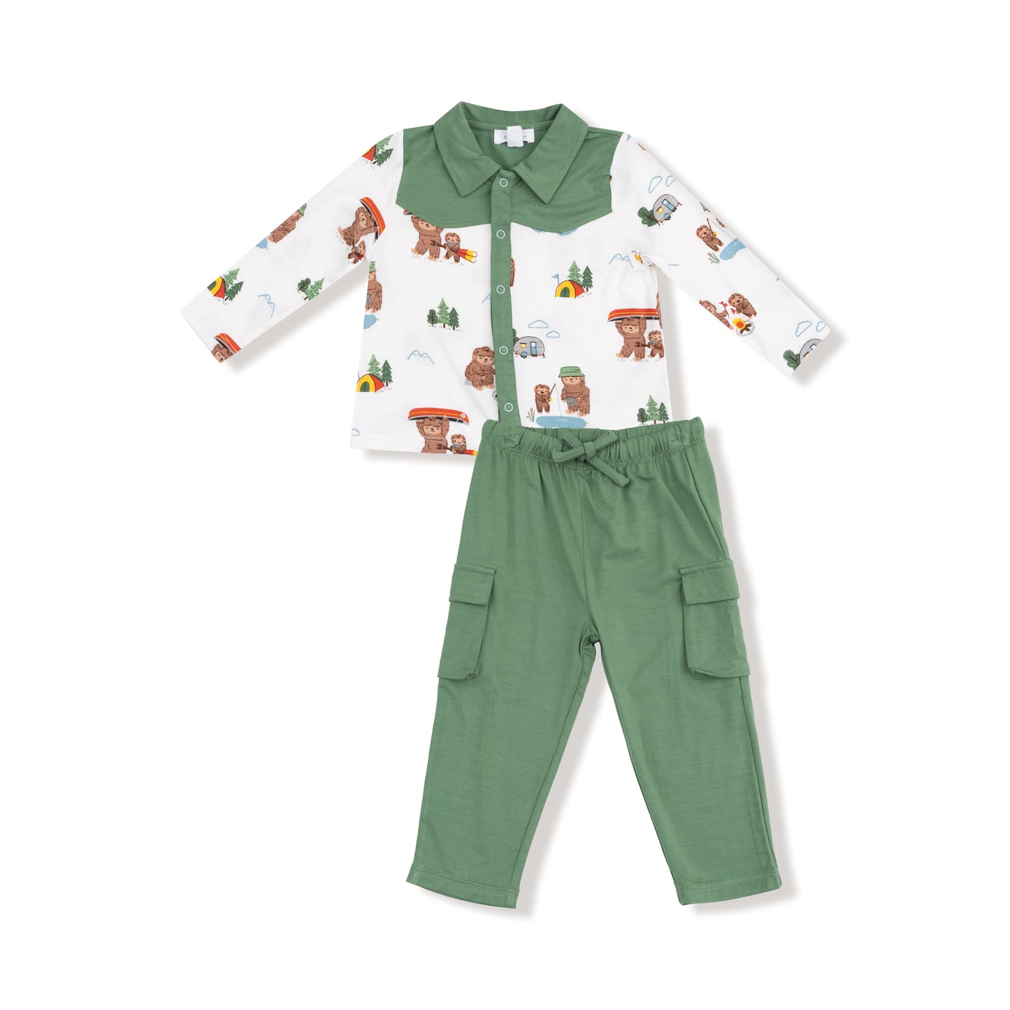 Cowboy Button Down and Pant in our  Bigfoot Camping print from Angel Dear