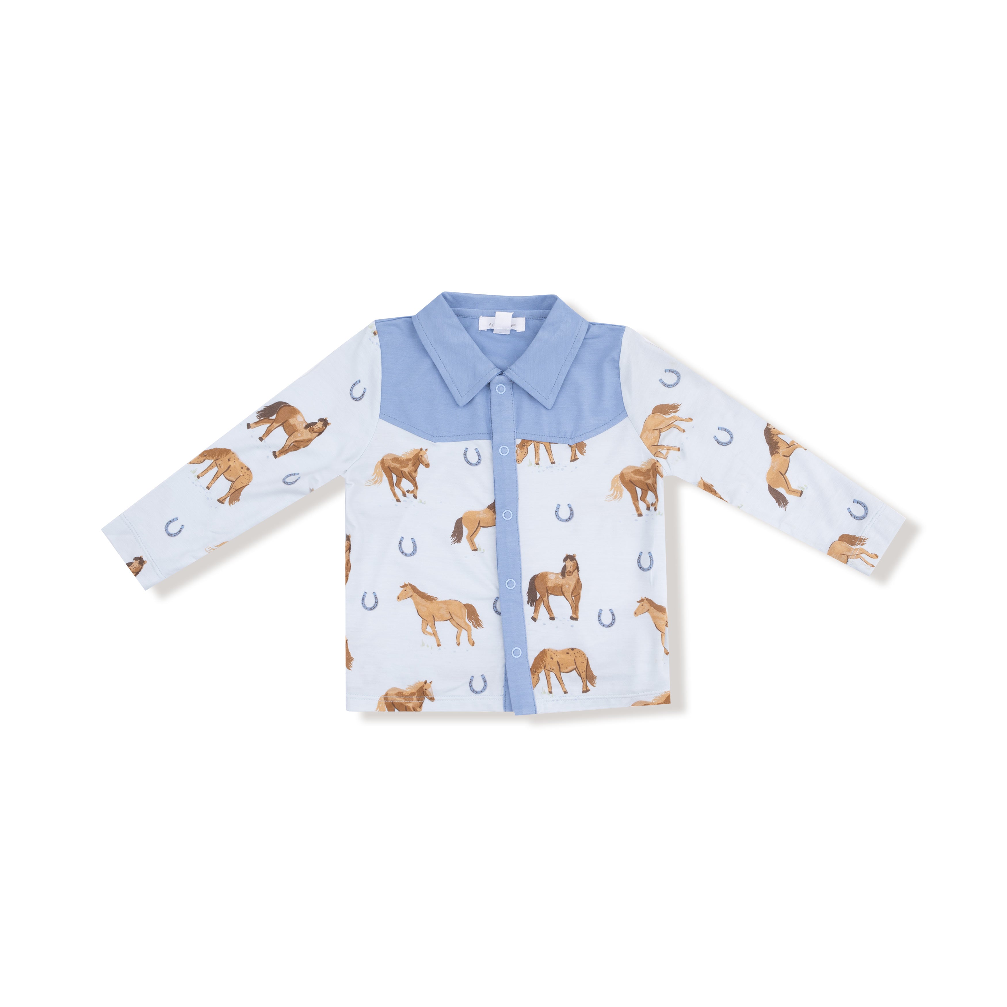 Cowboy Button Down and Pant in our  Horses - Blue print from Angel Dear