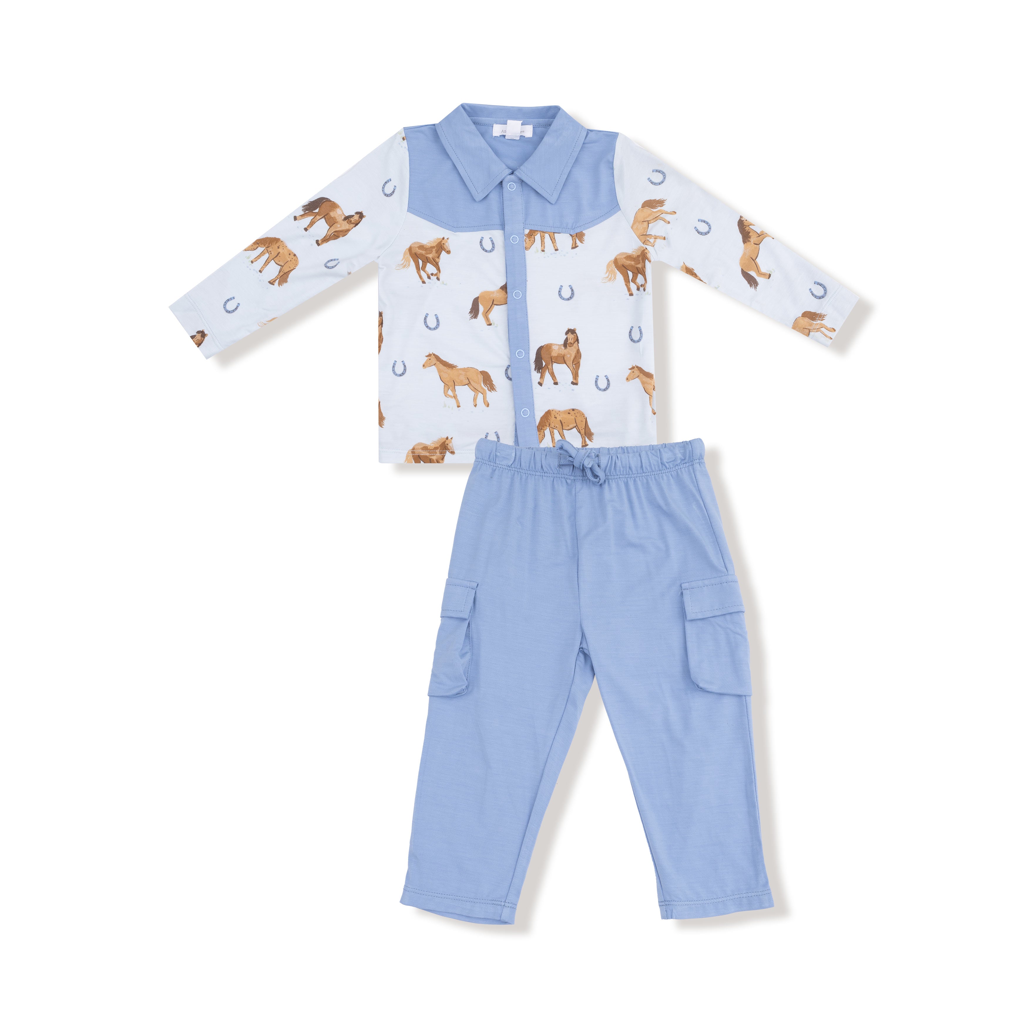 Cowboy Button Down and Pant in our  Horses - Blue print from Angel Dear