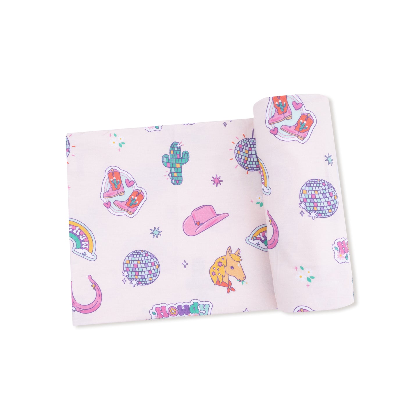 Swaddle Blanket in our  Disco Cowgirl print from Angel Dear