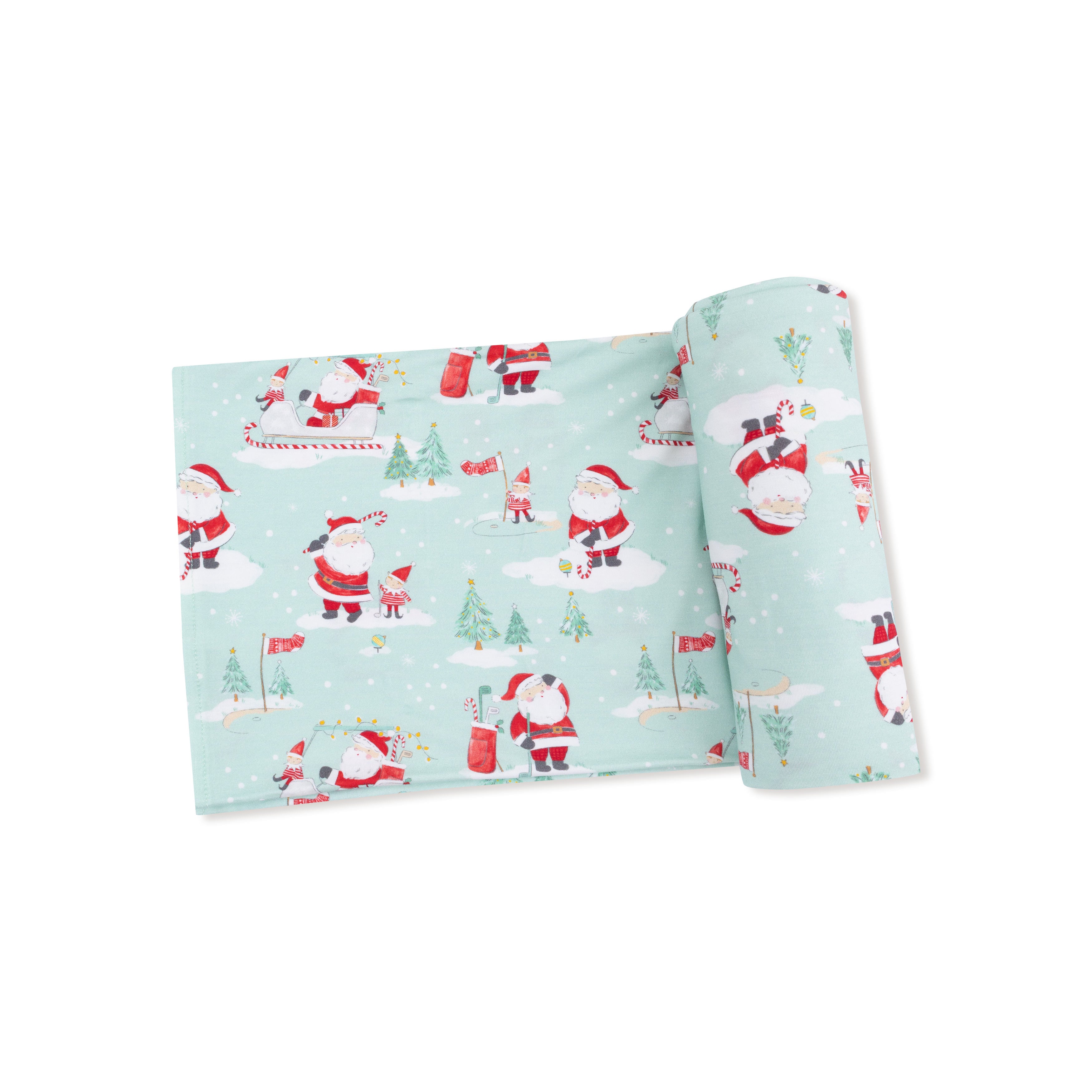 Swaddle Blanket in our  Golfing Santa and Elves print from Angel Dear