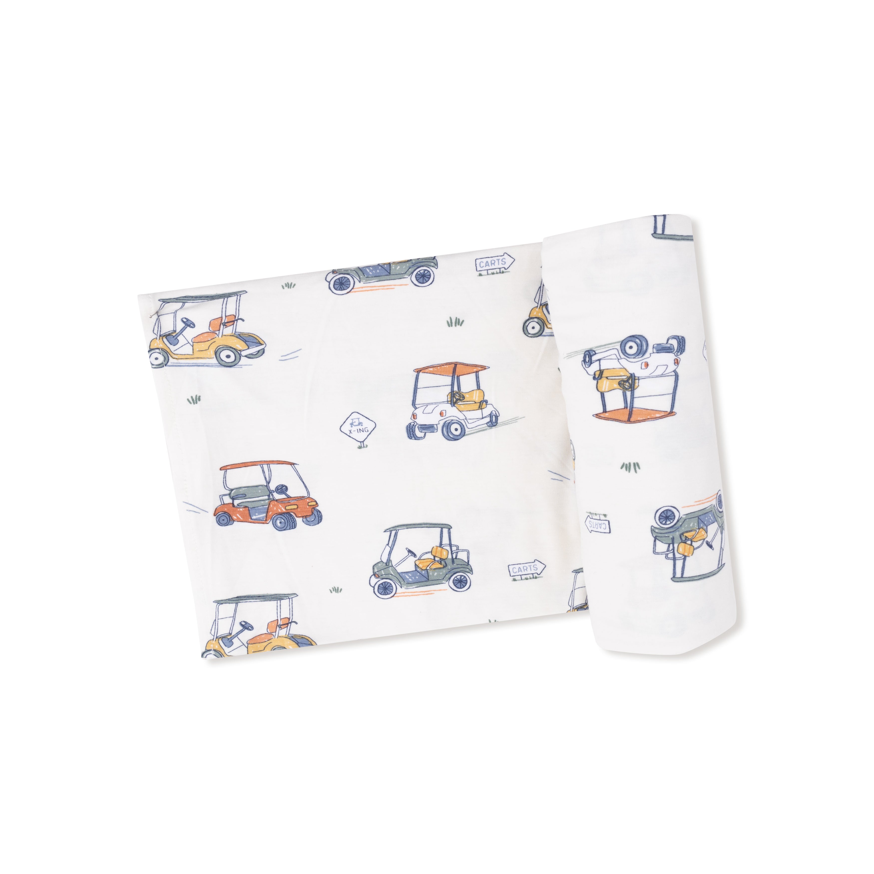 Swaddle Blanket in our  Zooming Golf Carts print from Angel Dear