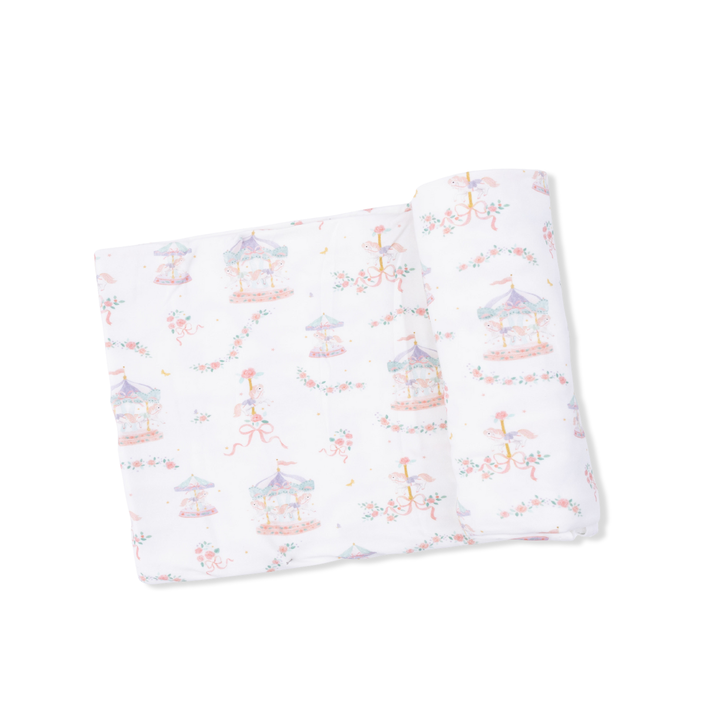 Carousel with Bows - 2 Way Ruffle Back Zipper Footie, Headband, & Swaddle Blanket Set-Angel Dear