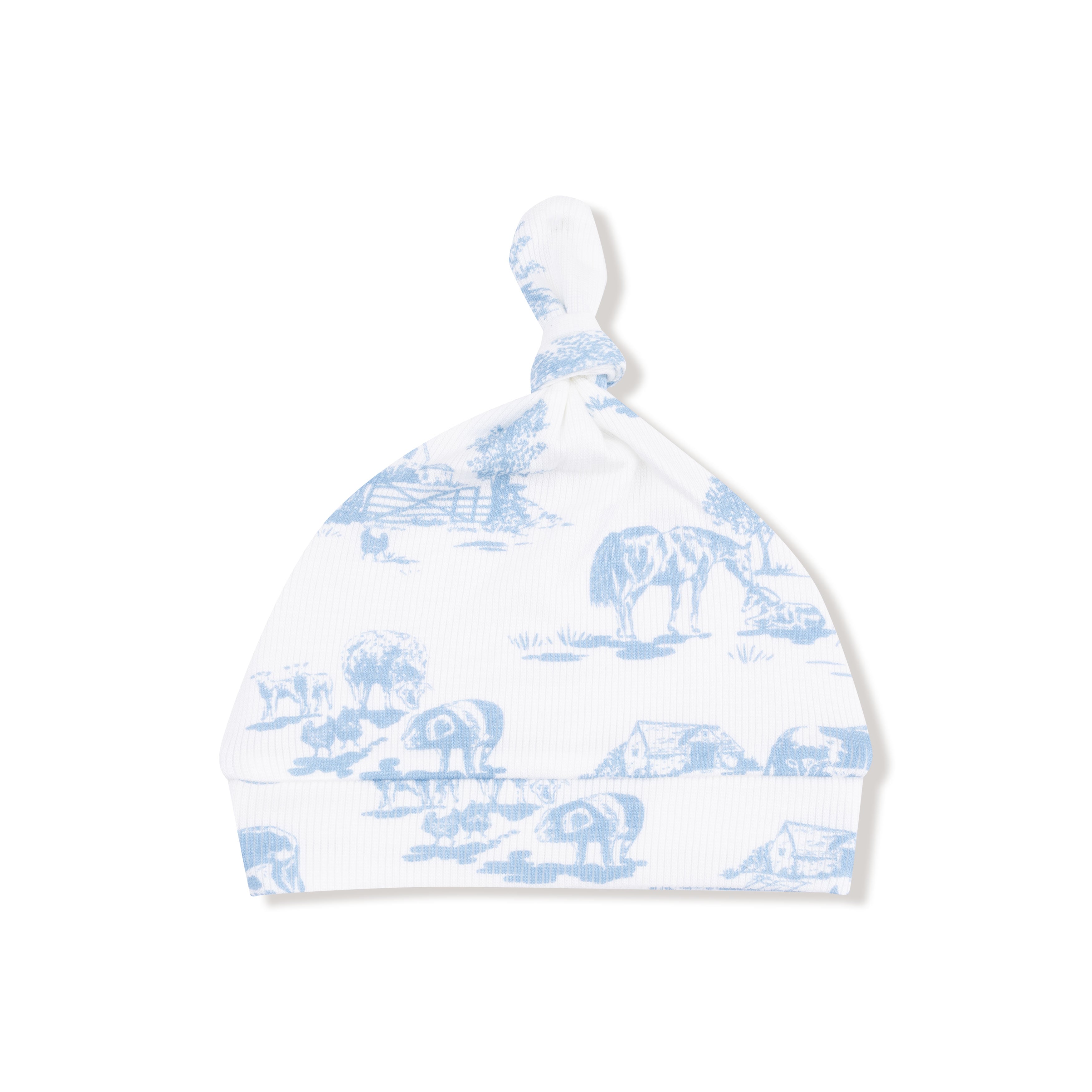 Knotted Hat in our  Farm Toile - Blue print from Angel Dear