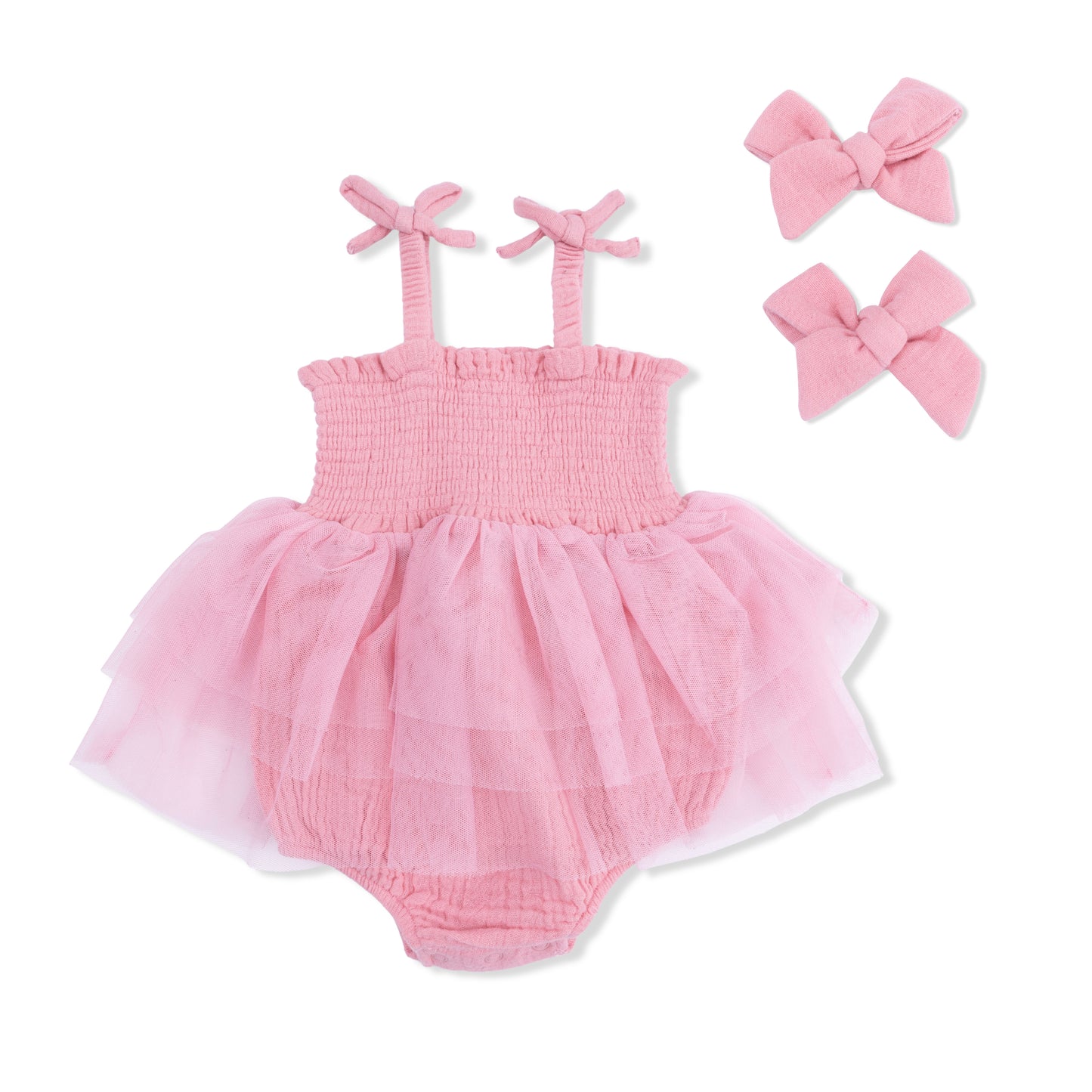 Solid Muslin Poignant Pink - Tutu Bubble & 2 Pack Bow Clips Set-Angel Dear