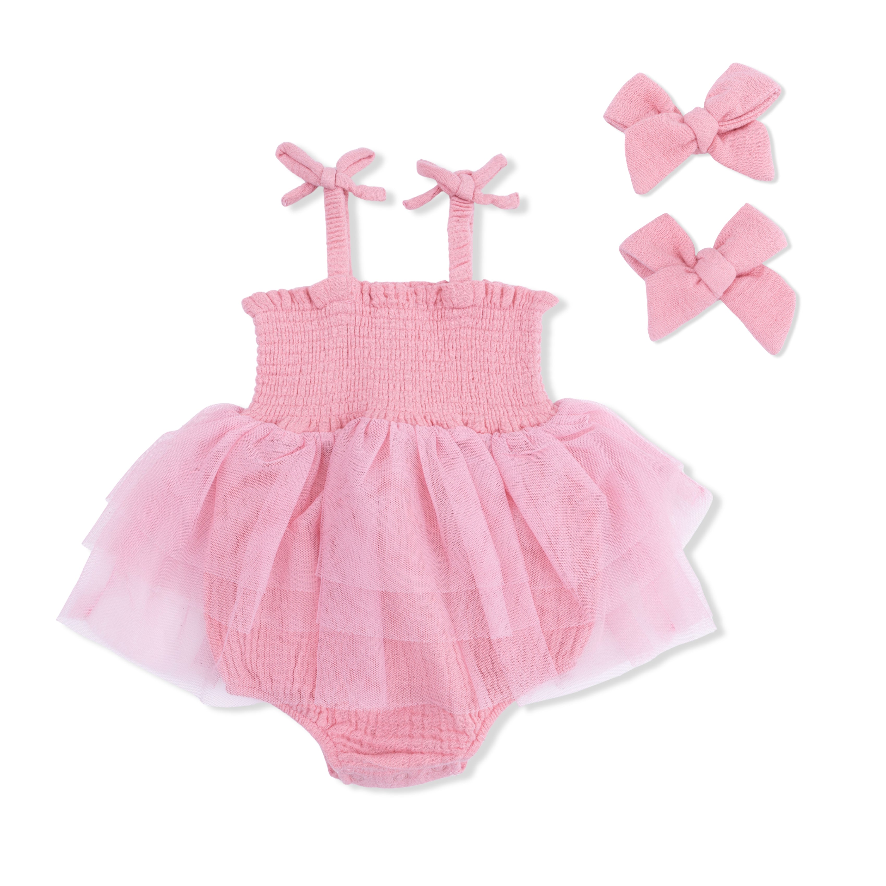 Solid Muslin Poignant Pink - Tutu Bubble & 2 Pack Bow Clips Set-Angel Dear