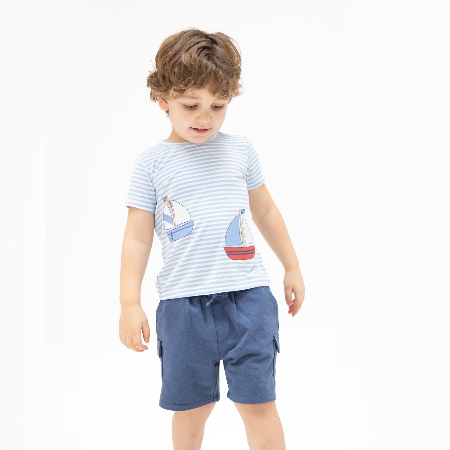 Bubbly Sailboat Stripe - Crew Neck Tee with Cargo Short-Angel Dear