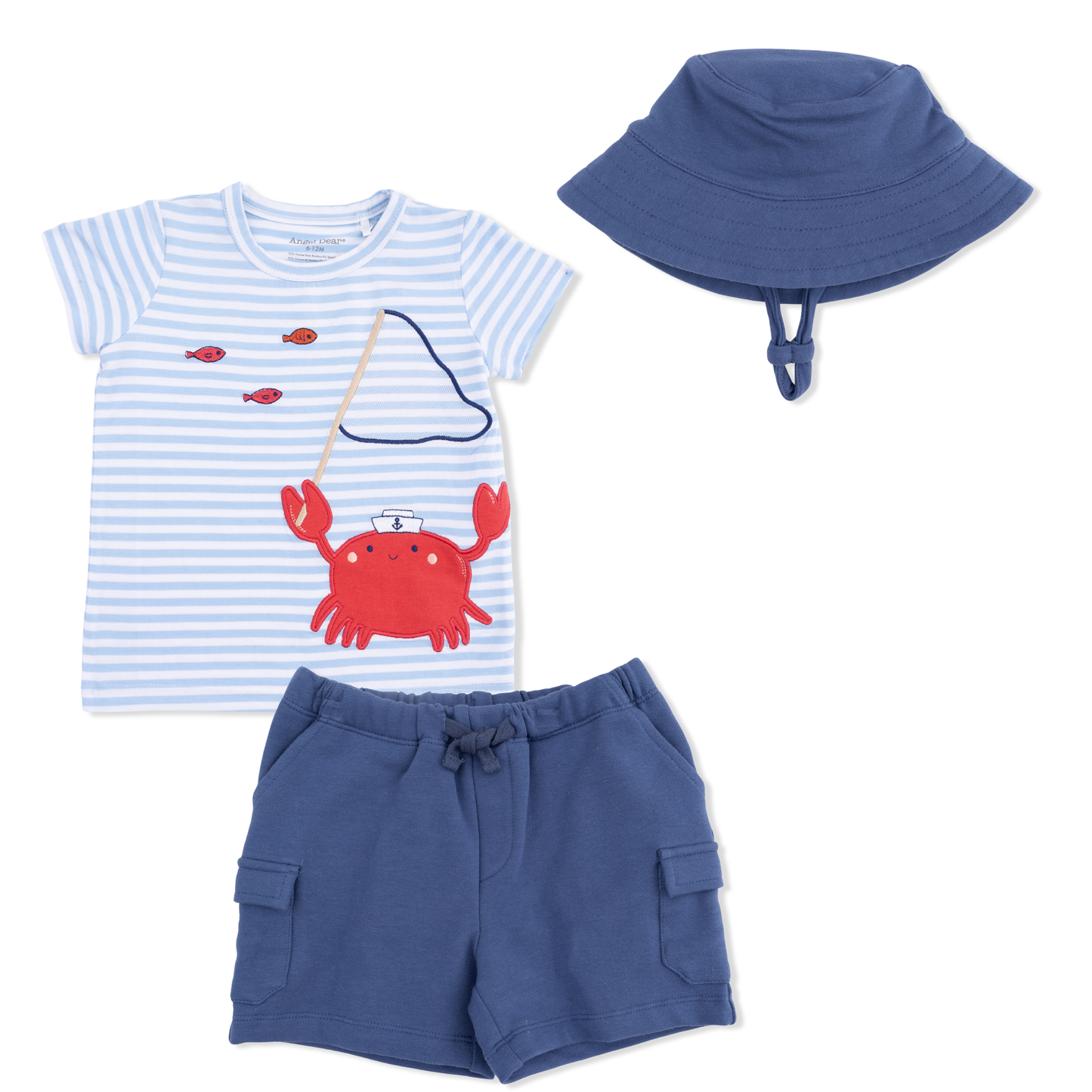 Sailor Sea Creatures Appliques - Crew Neck Tee with Cargo Short & Oceana Bucket Hat-Angel Dear