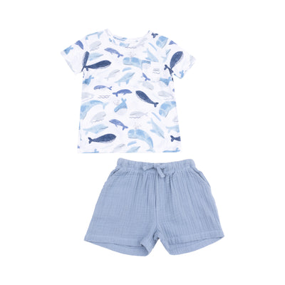 Crew Neck Tee with  Pocket + Muslin Short - Blue Whales