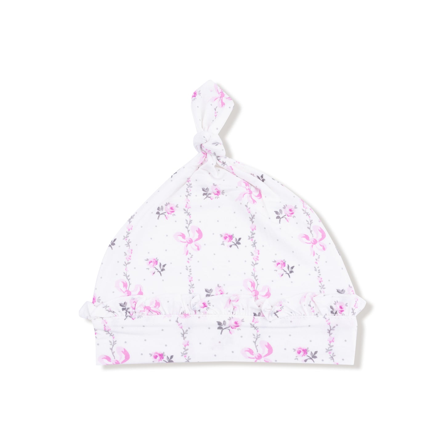 Ruffle Knotted Hat in our  Dainty Buds and Bows Stripe print from Angel Dear