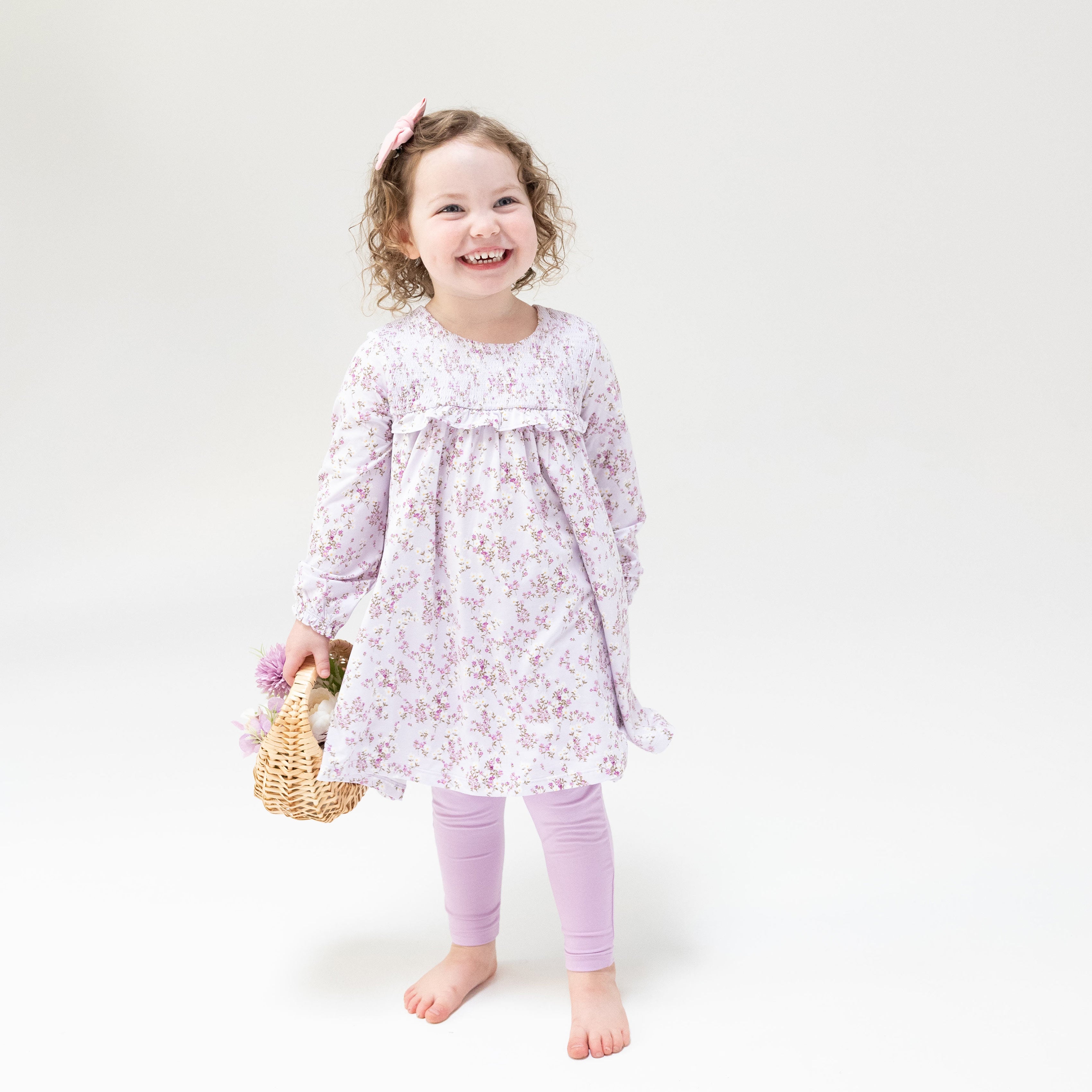 Smocked Ruffle Long Sleeve Tiered Dress + Leggings in our  Sweet Dream Florals print from Angel Dear