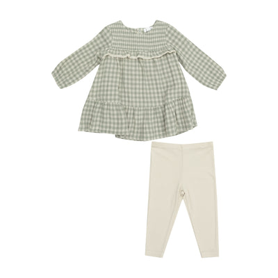 Smocked Ruffle Tiered Dress And Legging - Mini Green Gingham-Angel Dear