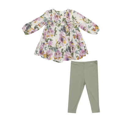 Smocked Ruffle Tiered Dress And Legging - Watercolor Rose-Angel Dear